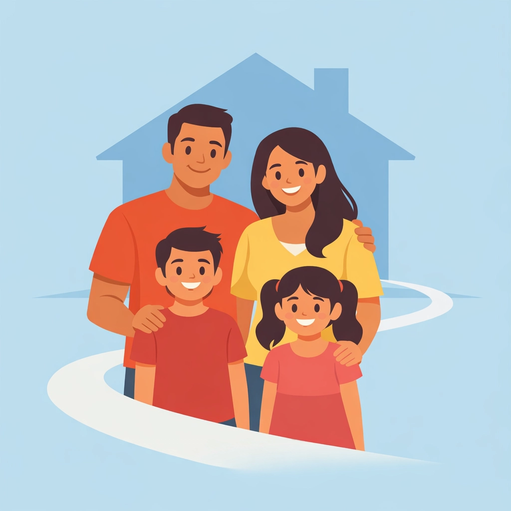 Familia latina feliz frente a su nueva casa después de reparar su crédito