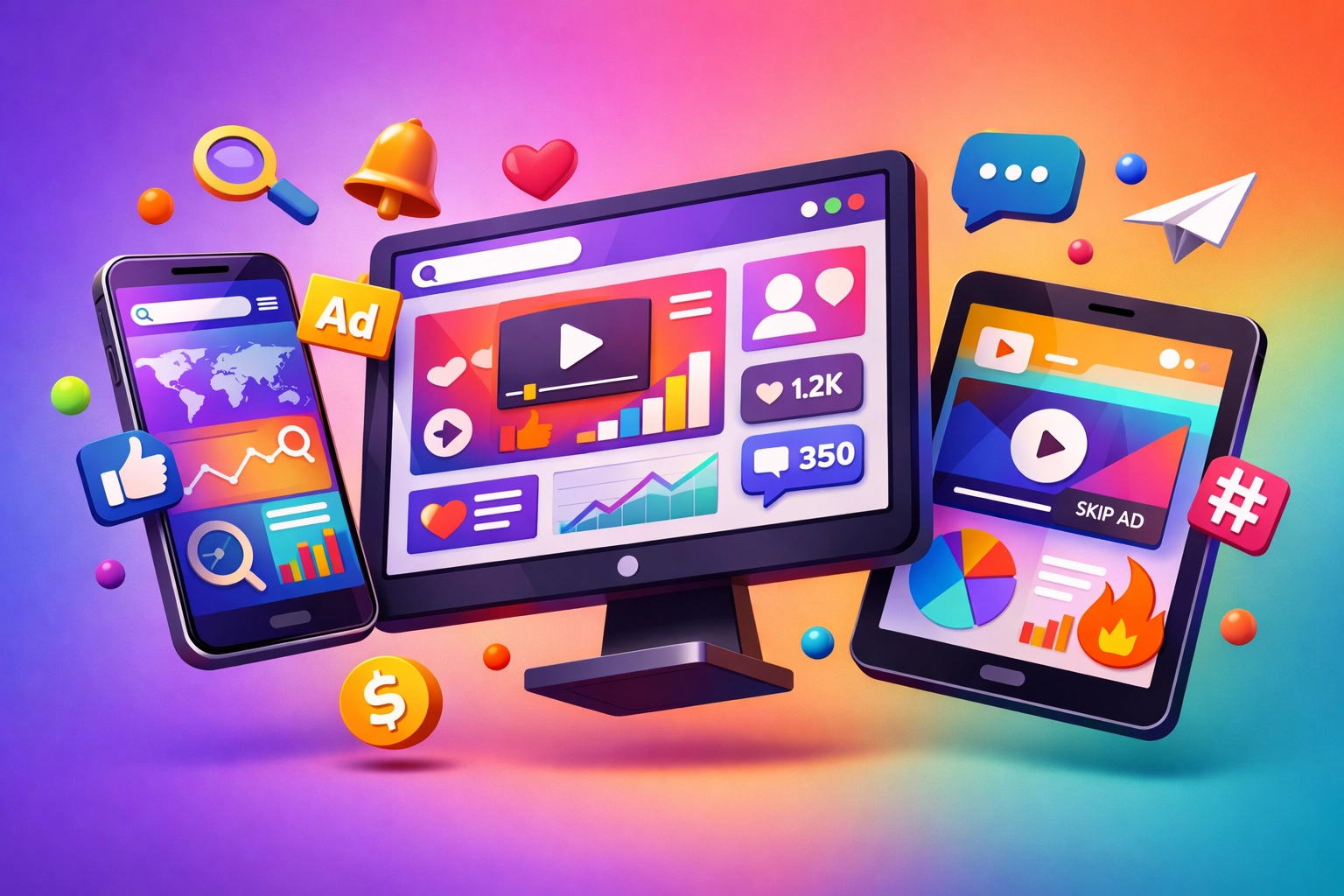 Mobile and desktop devices showing cross-border advertising data for global marketing growth.