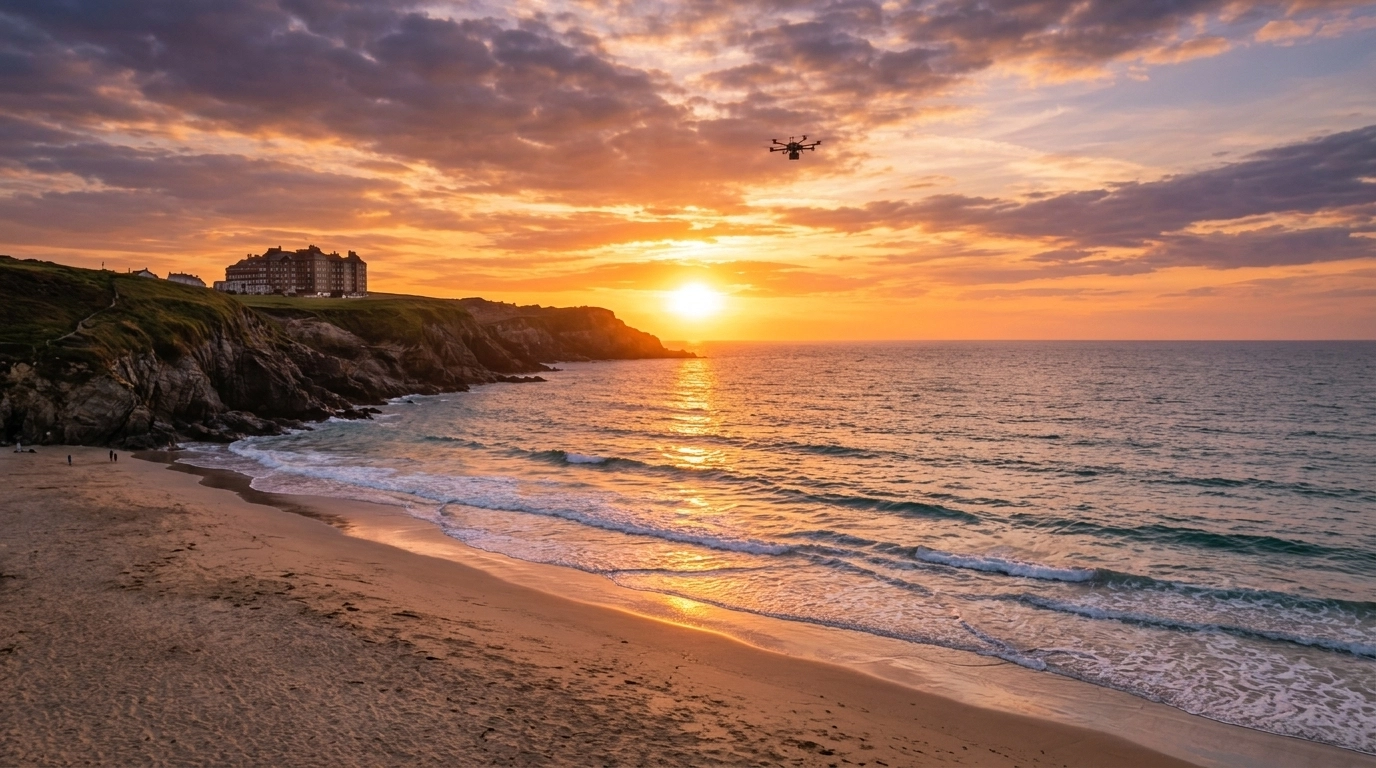 A high-resolution, wide-angle cinematic shot of Porthtowan Beach in Cornwall at sunset showing the dramatic high rugged cliffs and golden sands.