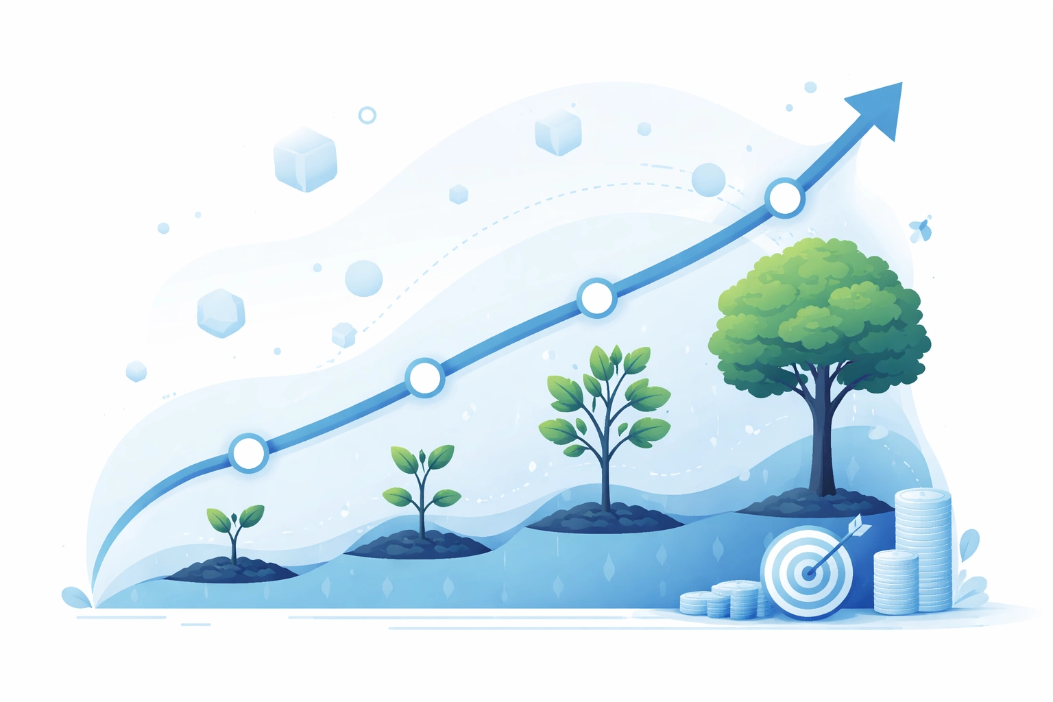 Illustration of an upward-trending growth graph with a plant growing into a tree, symbolizing gradual SEO results over time
