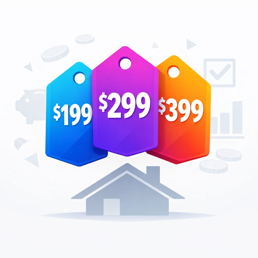 Three price tags above a house showing home repair cost comparison and savings