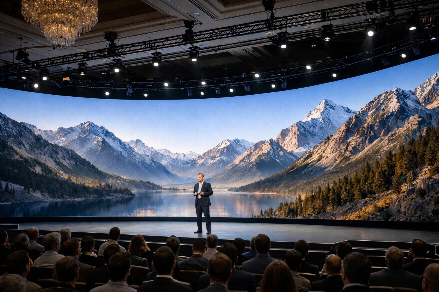 Turnkey LED wall setup for Las Vegas corporate event with large curved video display on stage