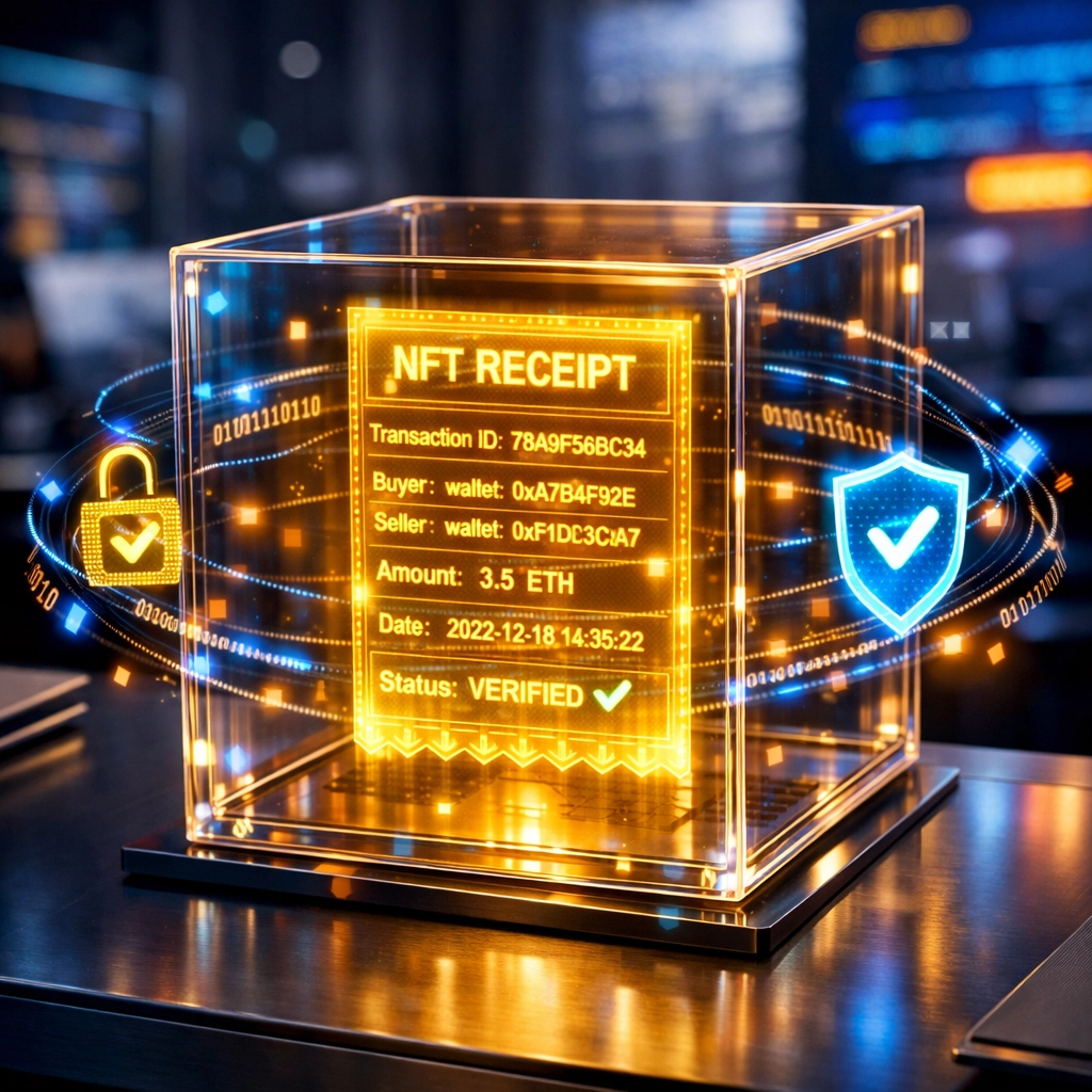 Blockchain-verified NFT receipt showing immutable transaction data and compliance features