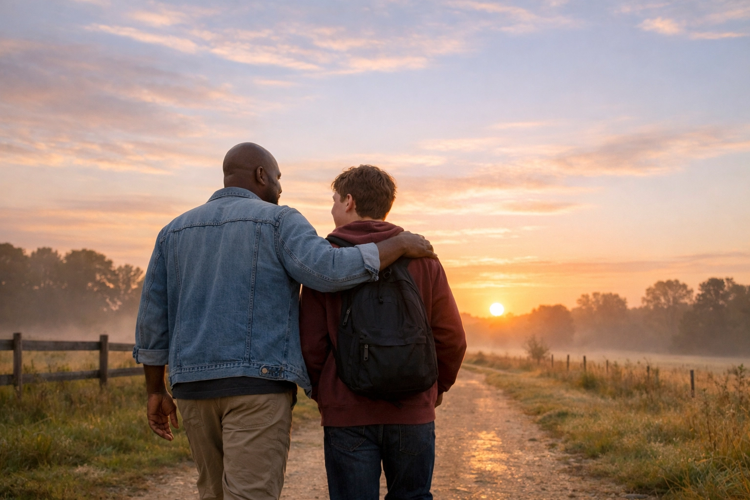An adult and teen walking toward sunrise, symbolizing a brighter tomorrow after an adult ADHD assessment.