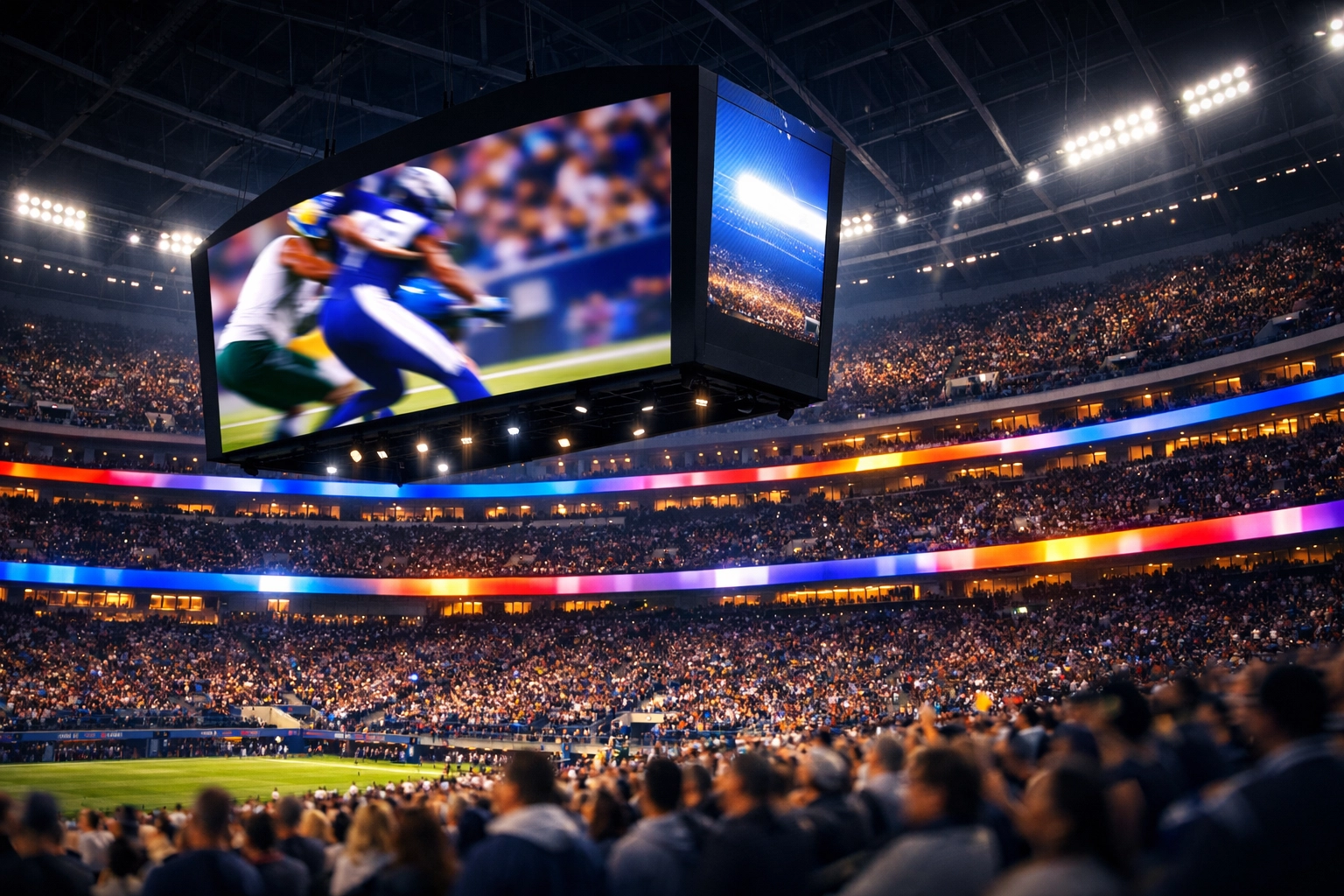 Dynamic LED video boards and digital signage inside a modern sports stadium during an evening event.