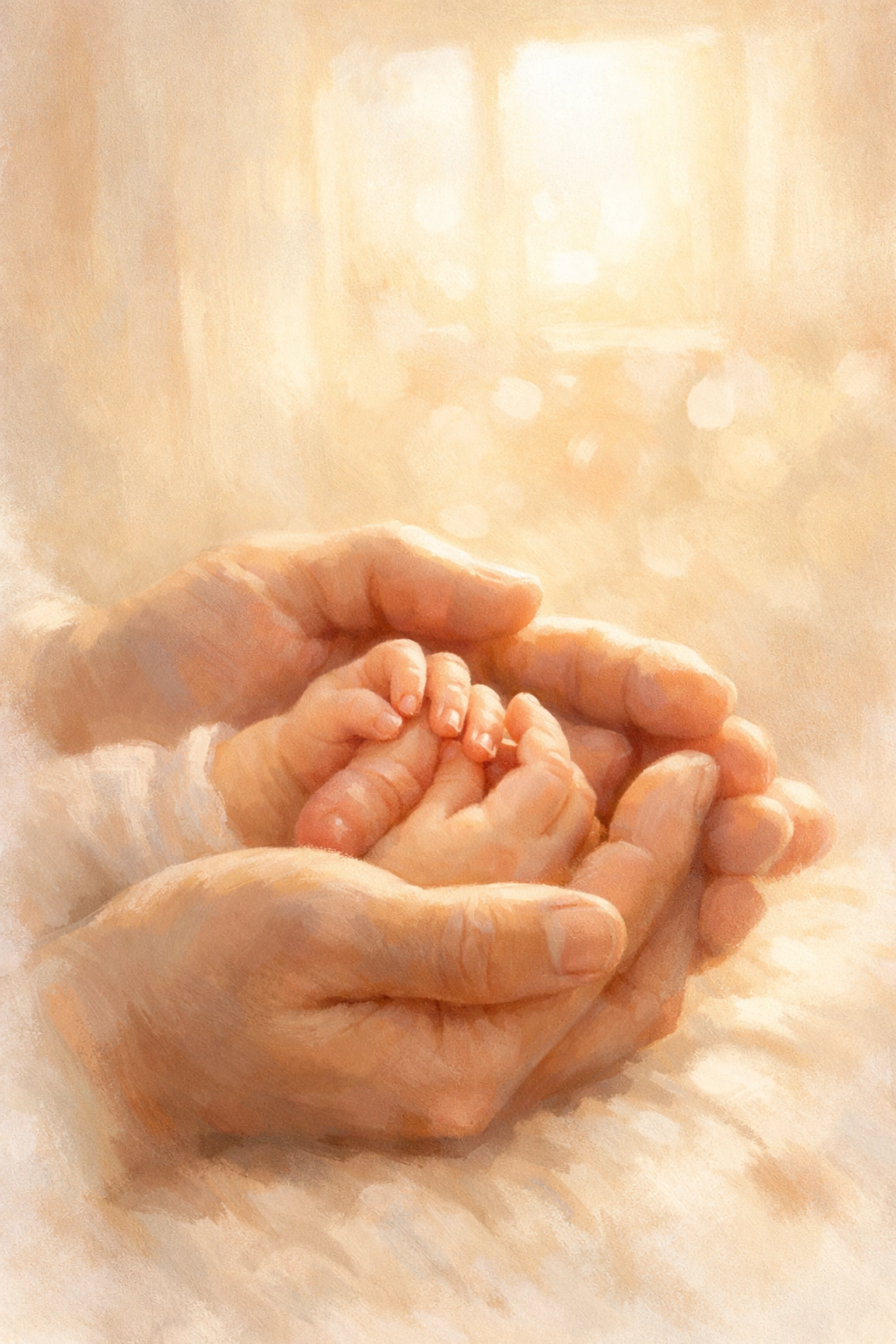 Father's hands holding baby's hands illustrating sacrificial parental love in Christian context