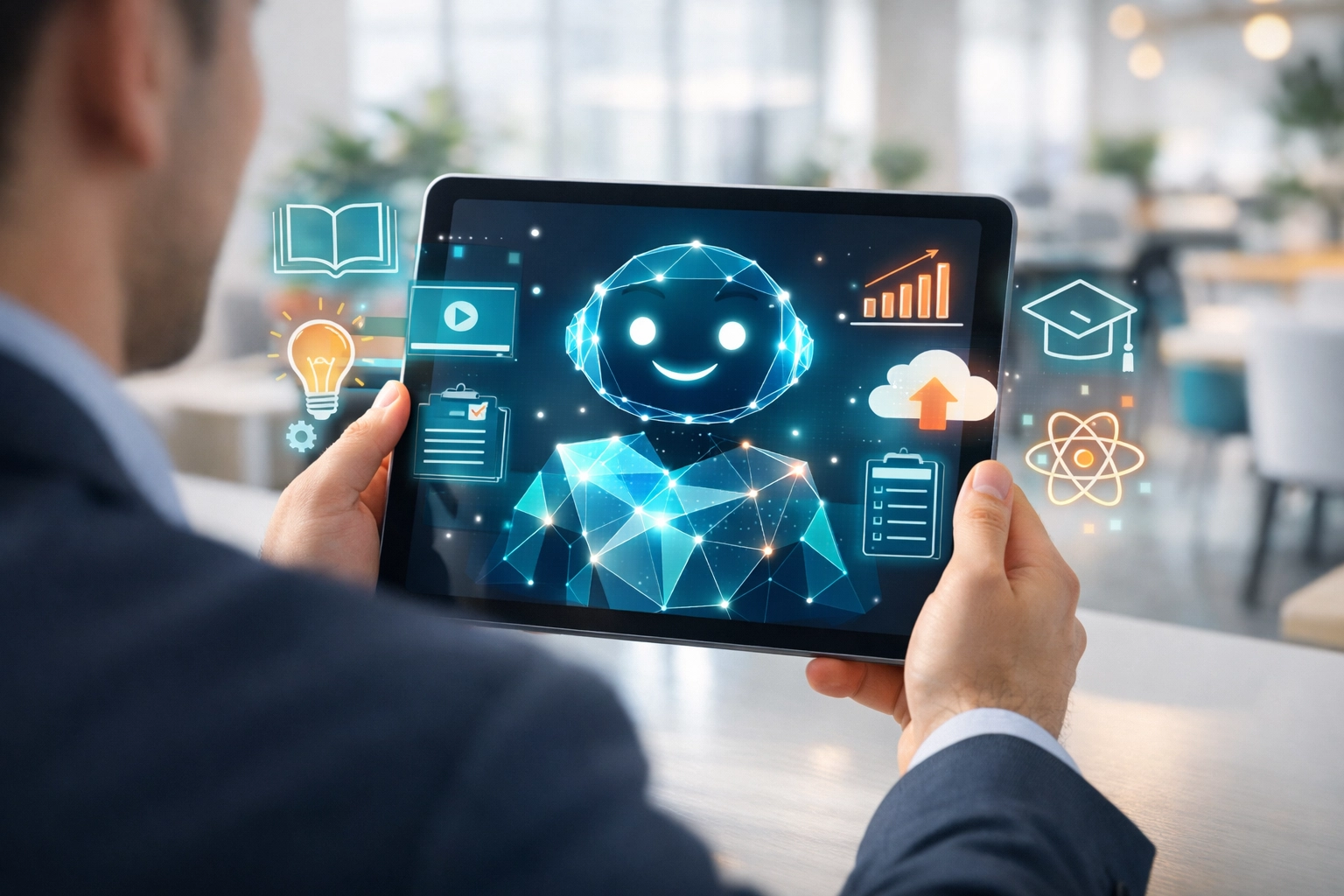 KI-Avatar auf einem Tablet visualisiert praxisnahe KI-Schulungen für exzellenten digitalen Kundenservice.