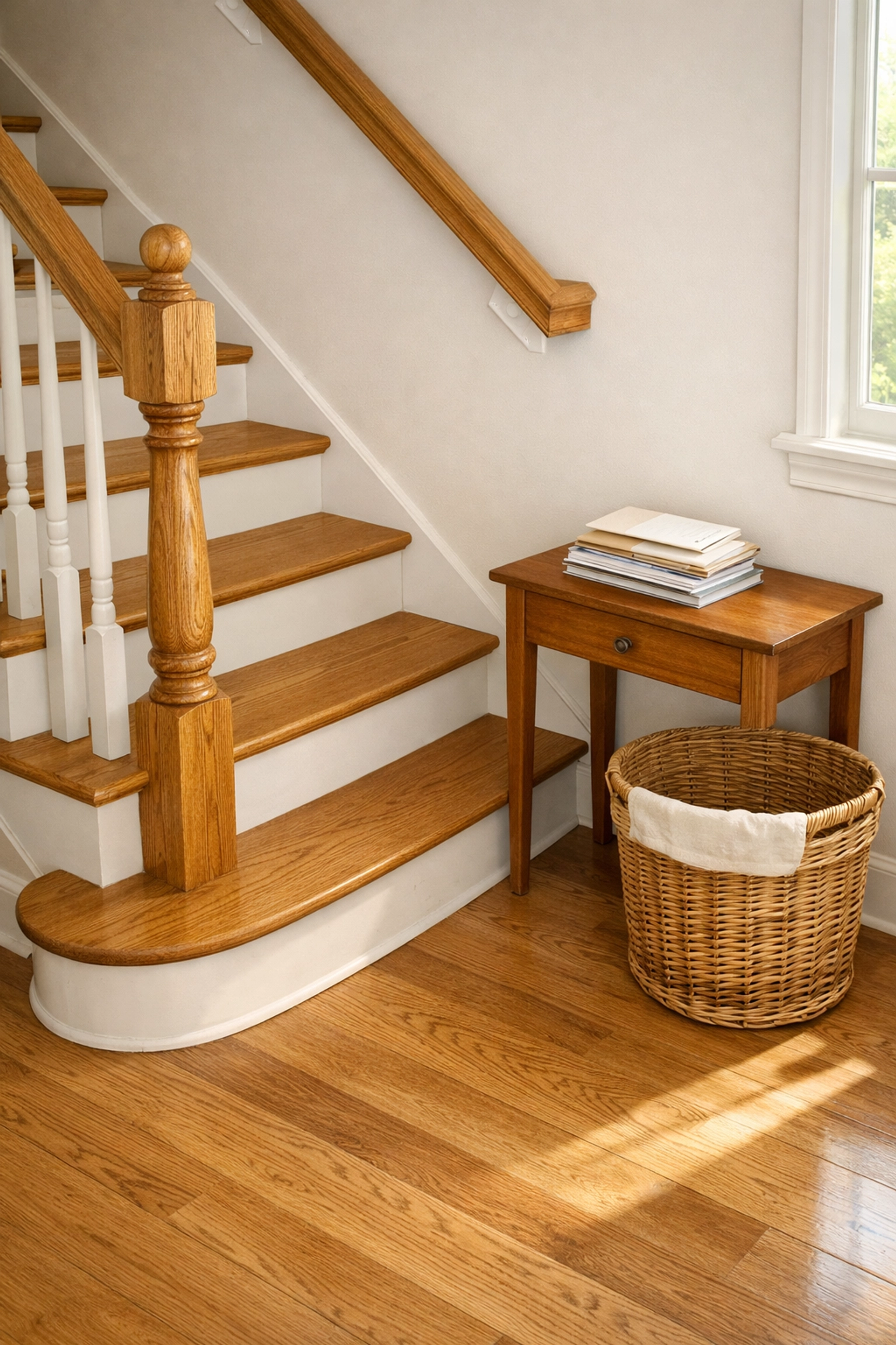 A clutter-free oak staircase with a side table for mail to prevent tripping hazards.