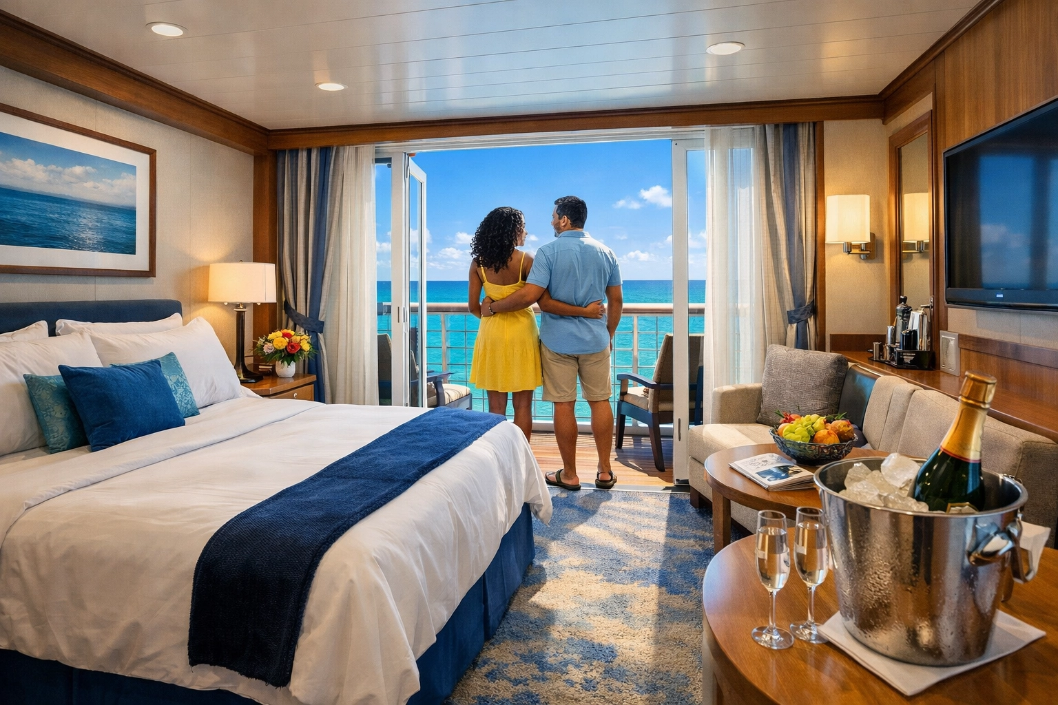 Luxury balcony cabin on adults only lifestyle cruise with couple enjoying ocean views