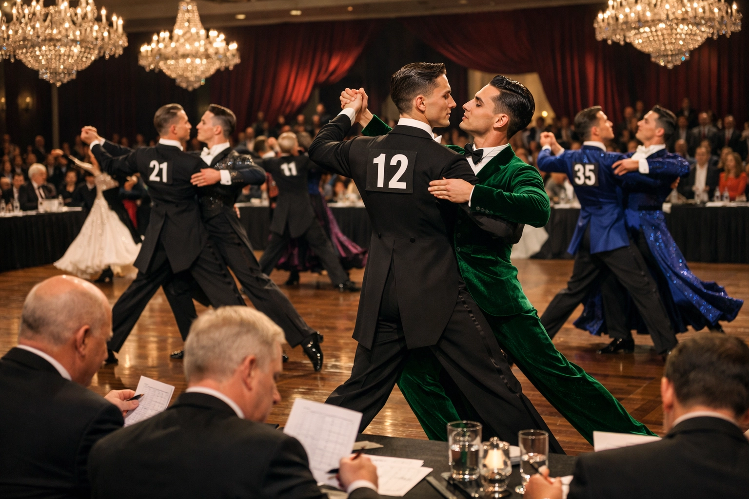 Same-sex couples competing in official DanceSport ballroom competition with judges