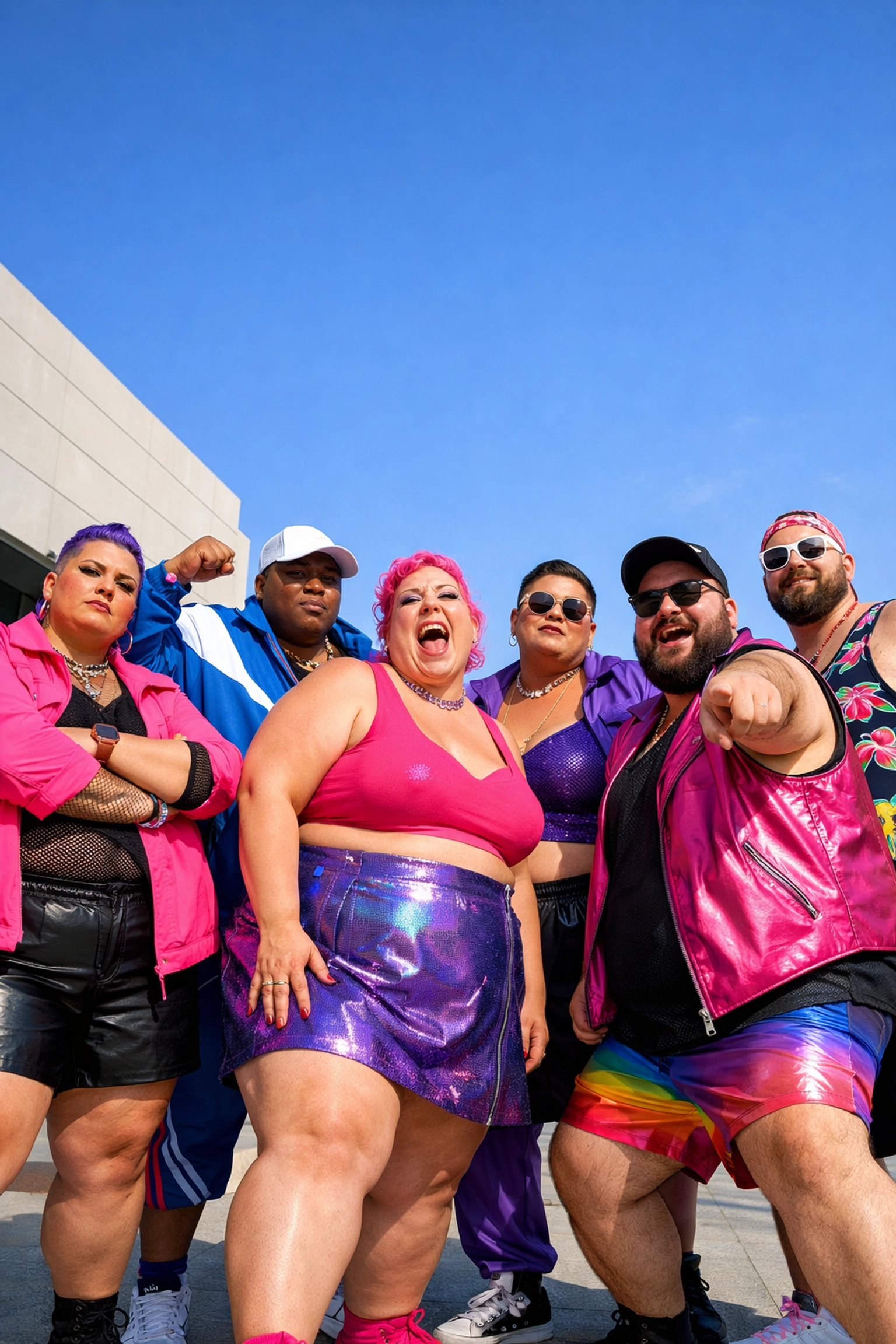 Diverse fat queer individuals in bold fashion celebrating body positivity and taking up space with pride.