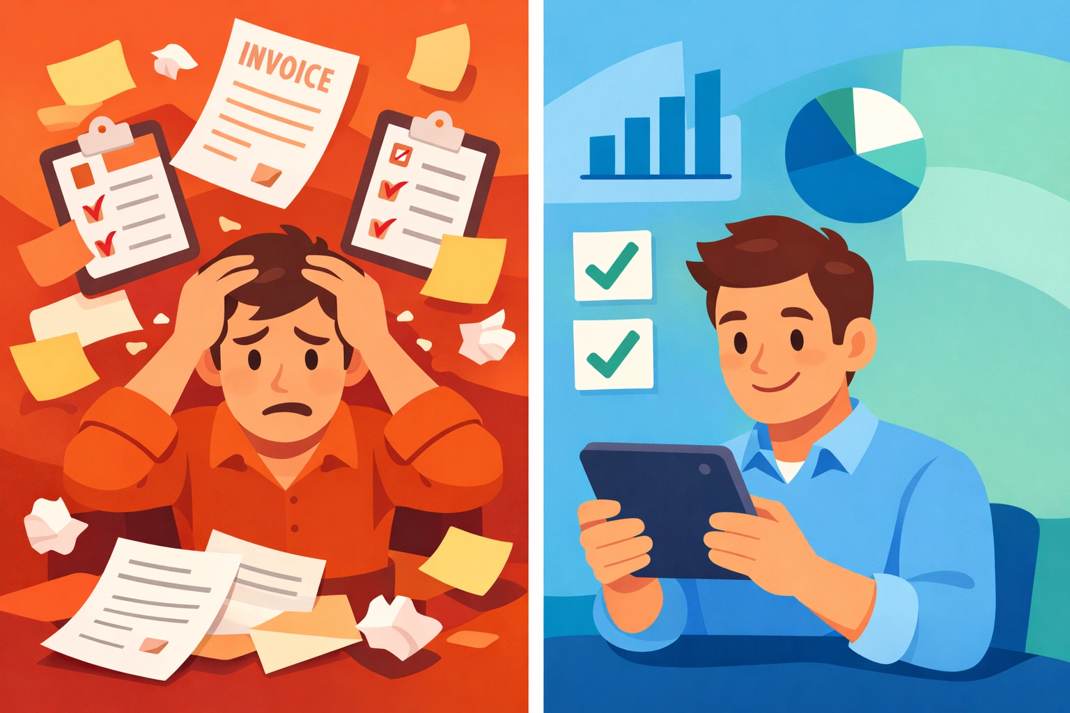 Small business owner transitioning from paper chaos to digital field service automation