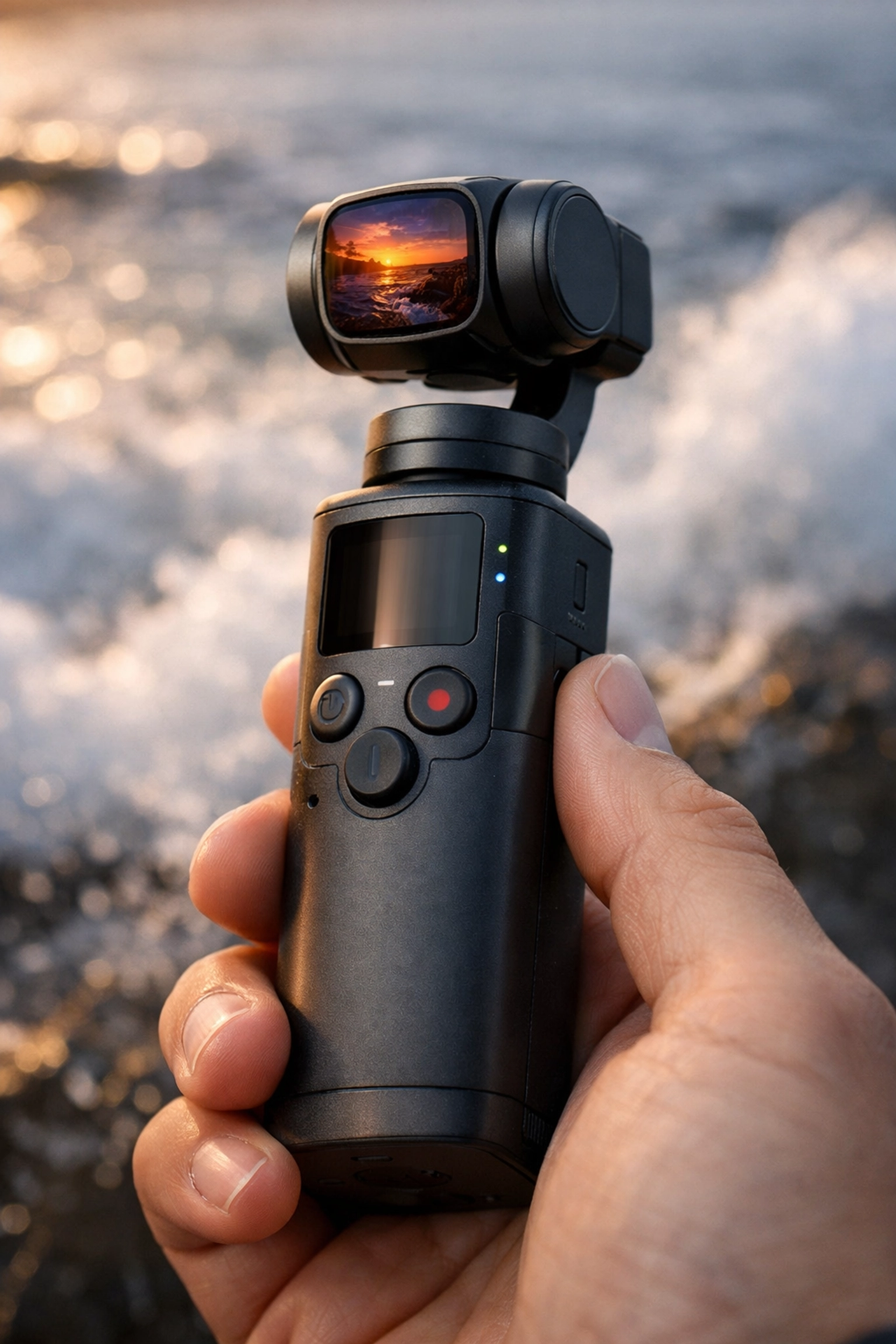 A DJI Pocket 4 style compact gimbal camera reflecting a coastal sunset during travel.