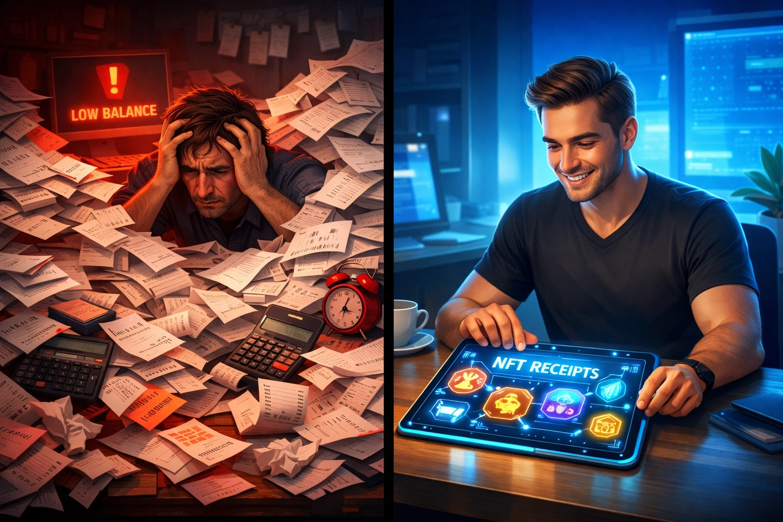 Comparison of manual crypto bookkeeping chaos versus automated NFT receipt accounting system for merchants