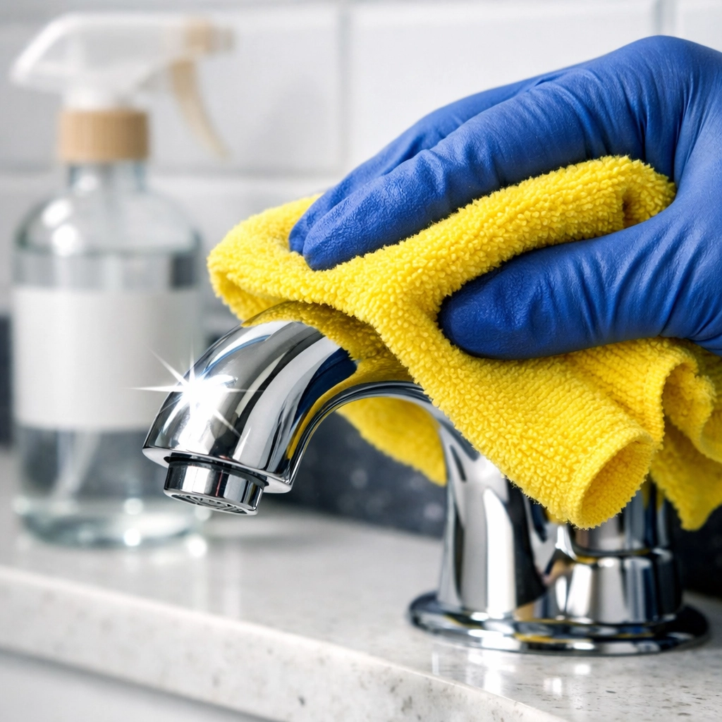 Detail of professional deep cleaning in a Westford bathroom using eco-friendly supplies and techniques.