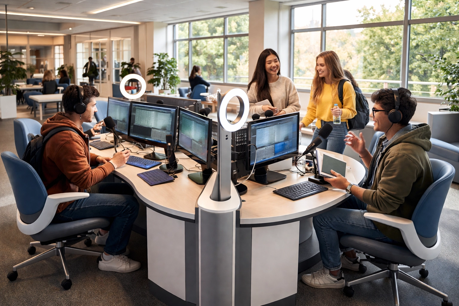Modern learning pod in a high school common area with collaborative students and advanced technology