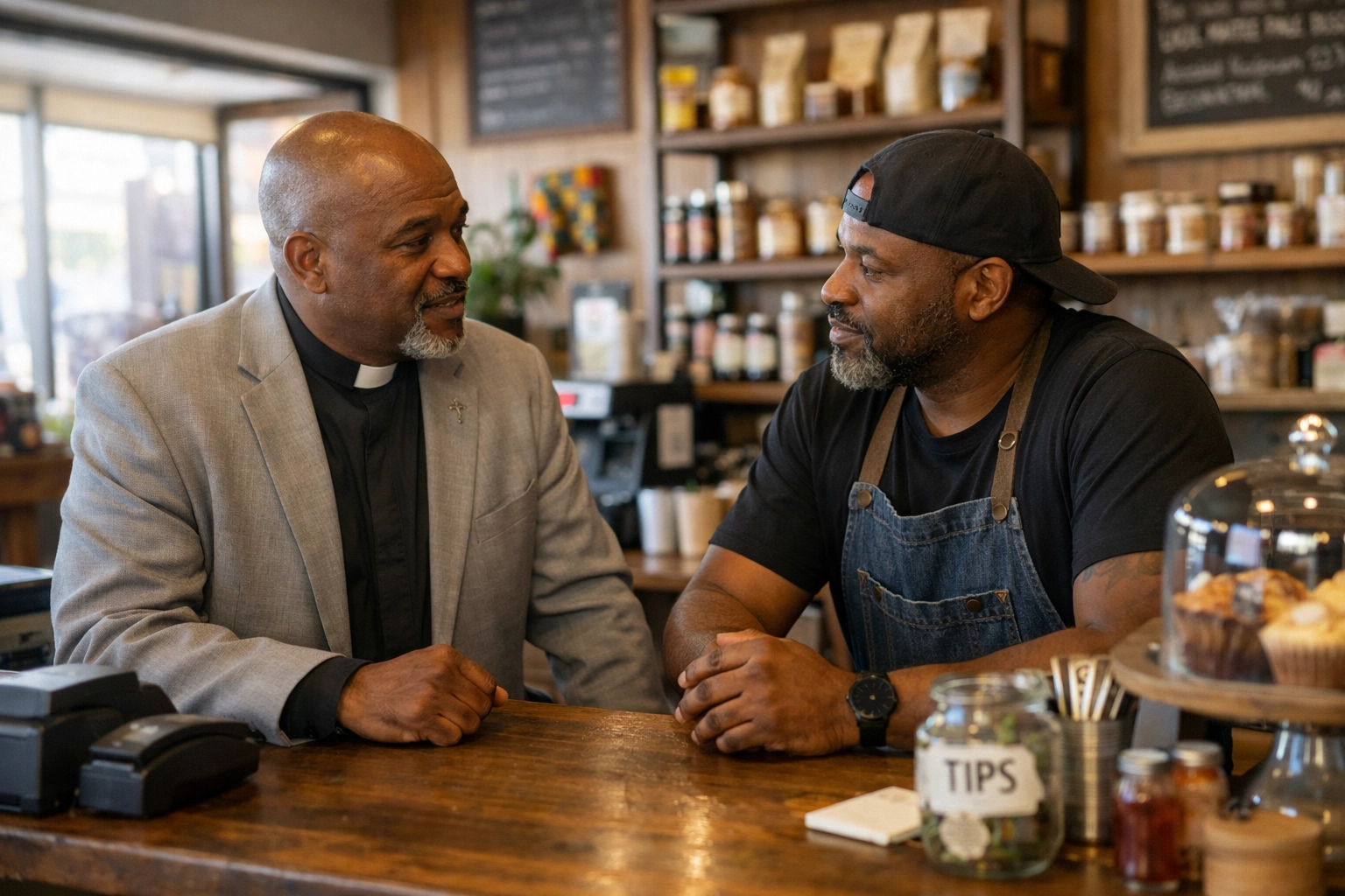 Church leader partnering with a local Black-owned business owner to support faith-based community development.
