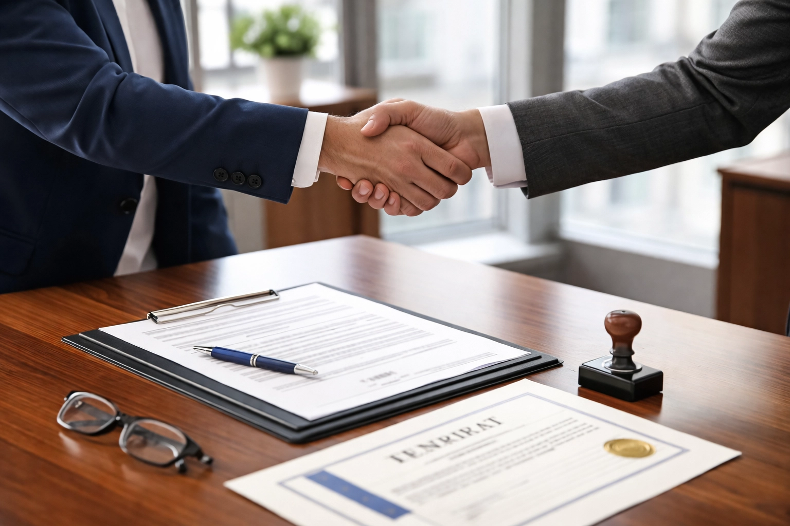 Two professionals shaking hands over license documents, illustrating the importance of commercial bonds for business licensing.