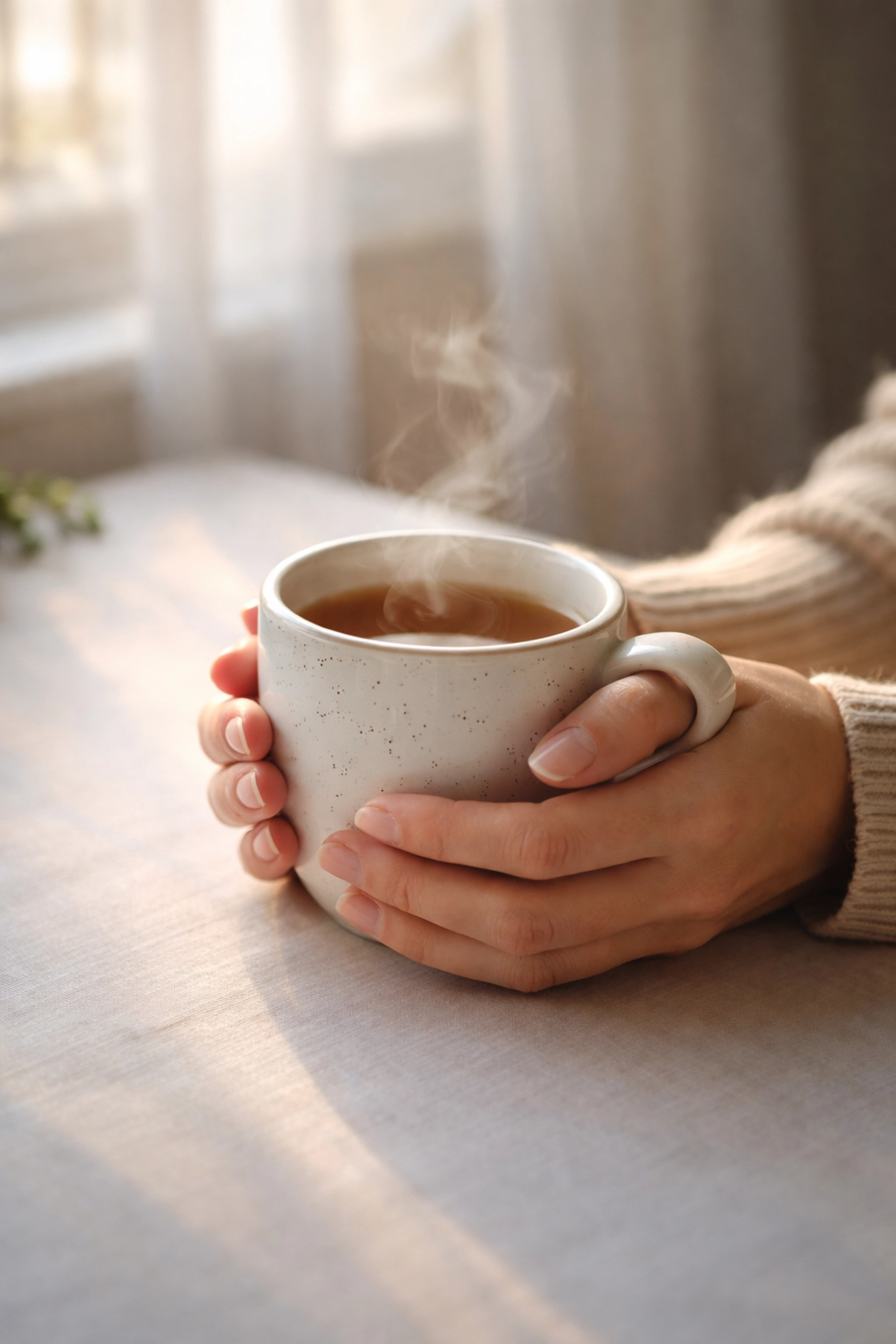 A warm mug of tea held in hands