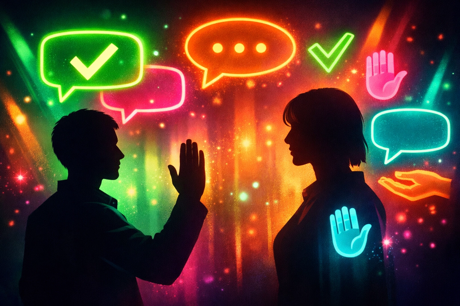 Two people communicating boundaries and consent through respectful conversation