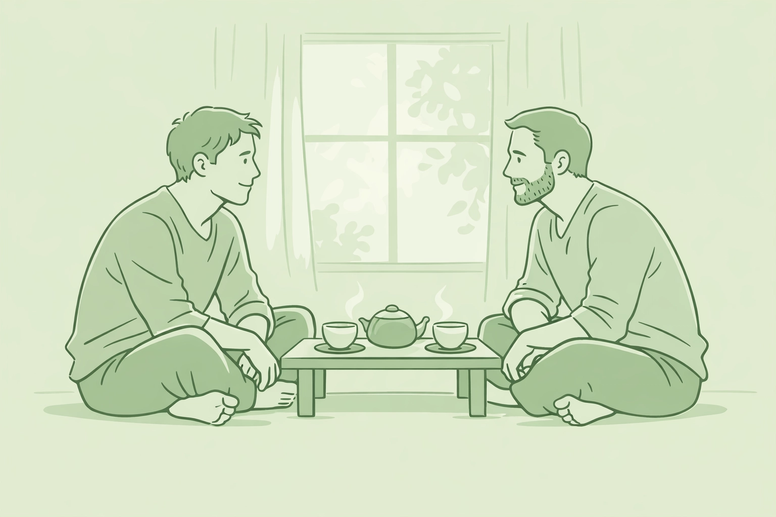 Two men in intimate conversation sharing tea demonstrating LGBTQ+ relationship enrichment