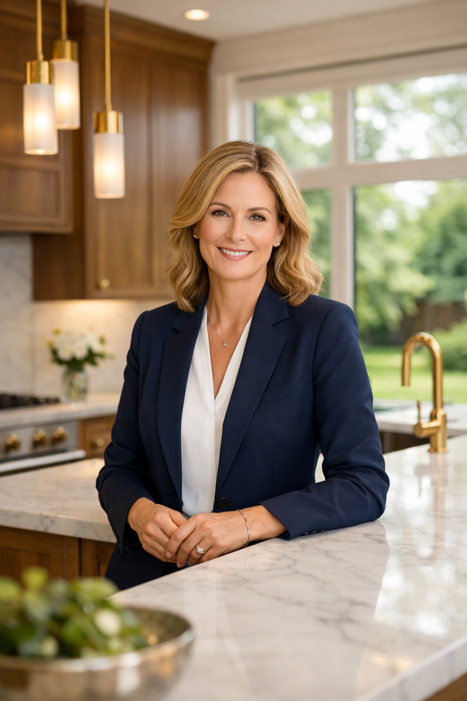 Professional real estate agent in a luxury Ontario kitchen discussing home buying strategies.