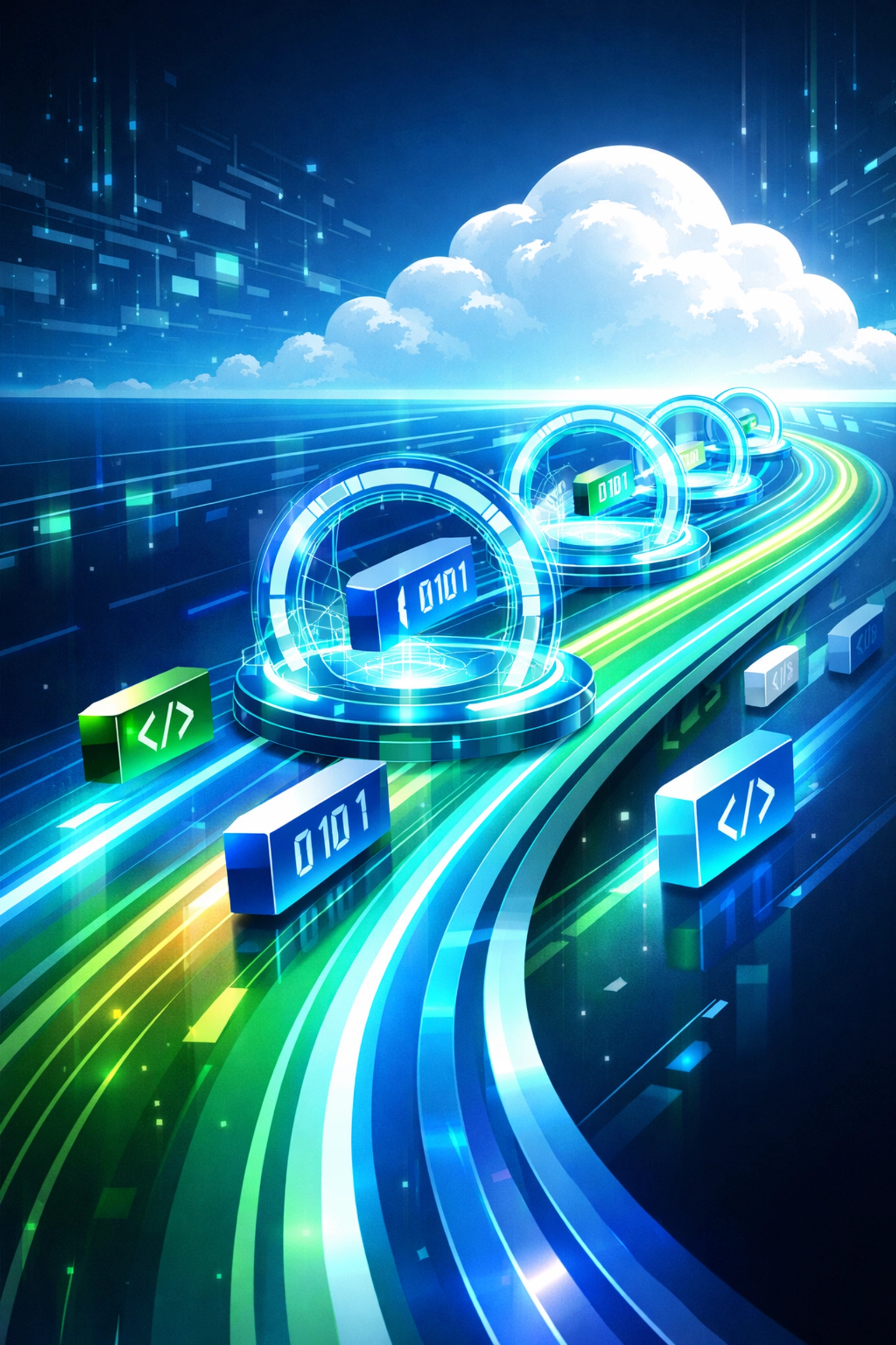 CI/CD pipeline visualization showing automated software deployment and cloud integration.