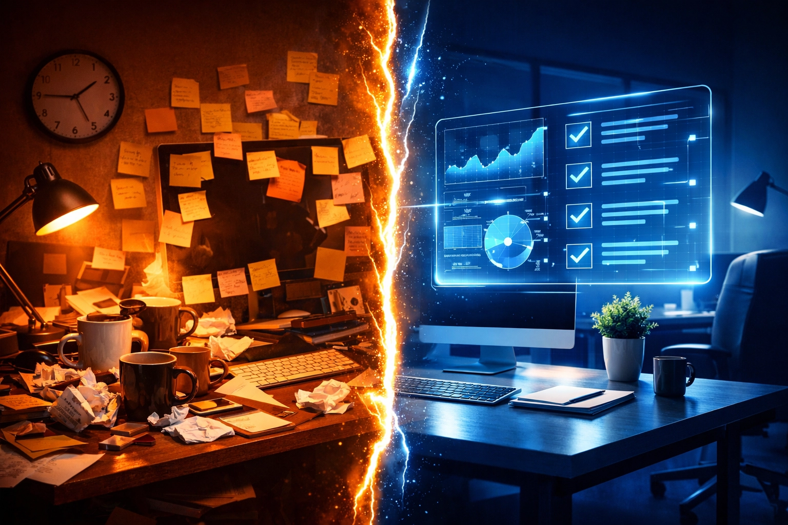 Transition from a cluttered office to an efficient digital workspace with ai powered customer service tools.