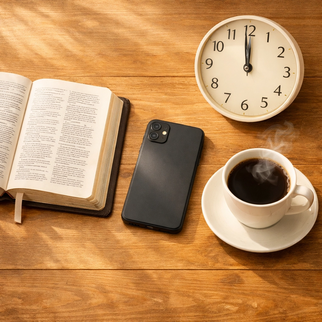 Phone face-down with Bible and coffee at noon - setting boundaries for Christ-centered news
