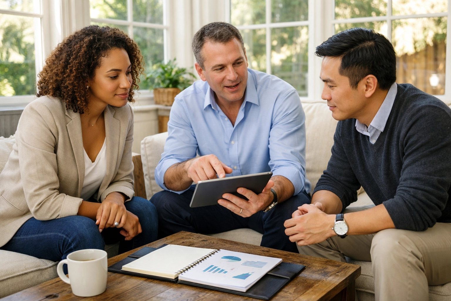 Entrepreneurs holding a strategy session in a home sunroom to utilize Augusta Rule tax benefits.