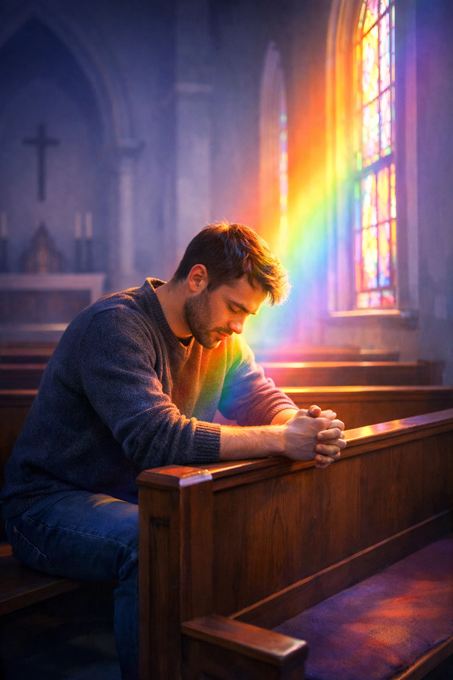 Young gay man contemplating in church pew with rainbow light through window