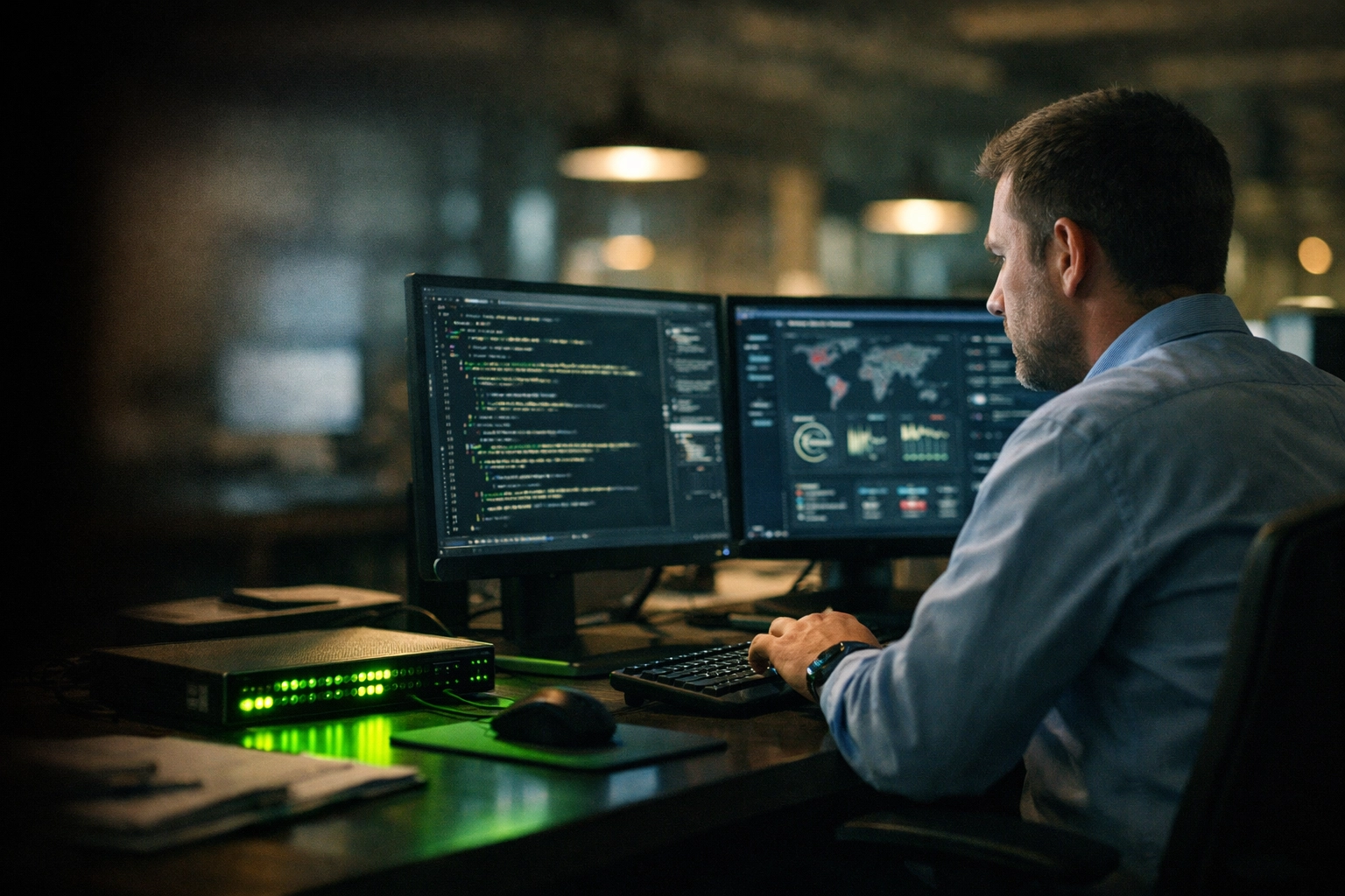 Cybersecurity professional in a Lincoln NE office using secure managed IT monitoring systems to protect data.