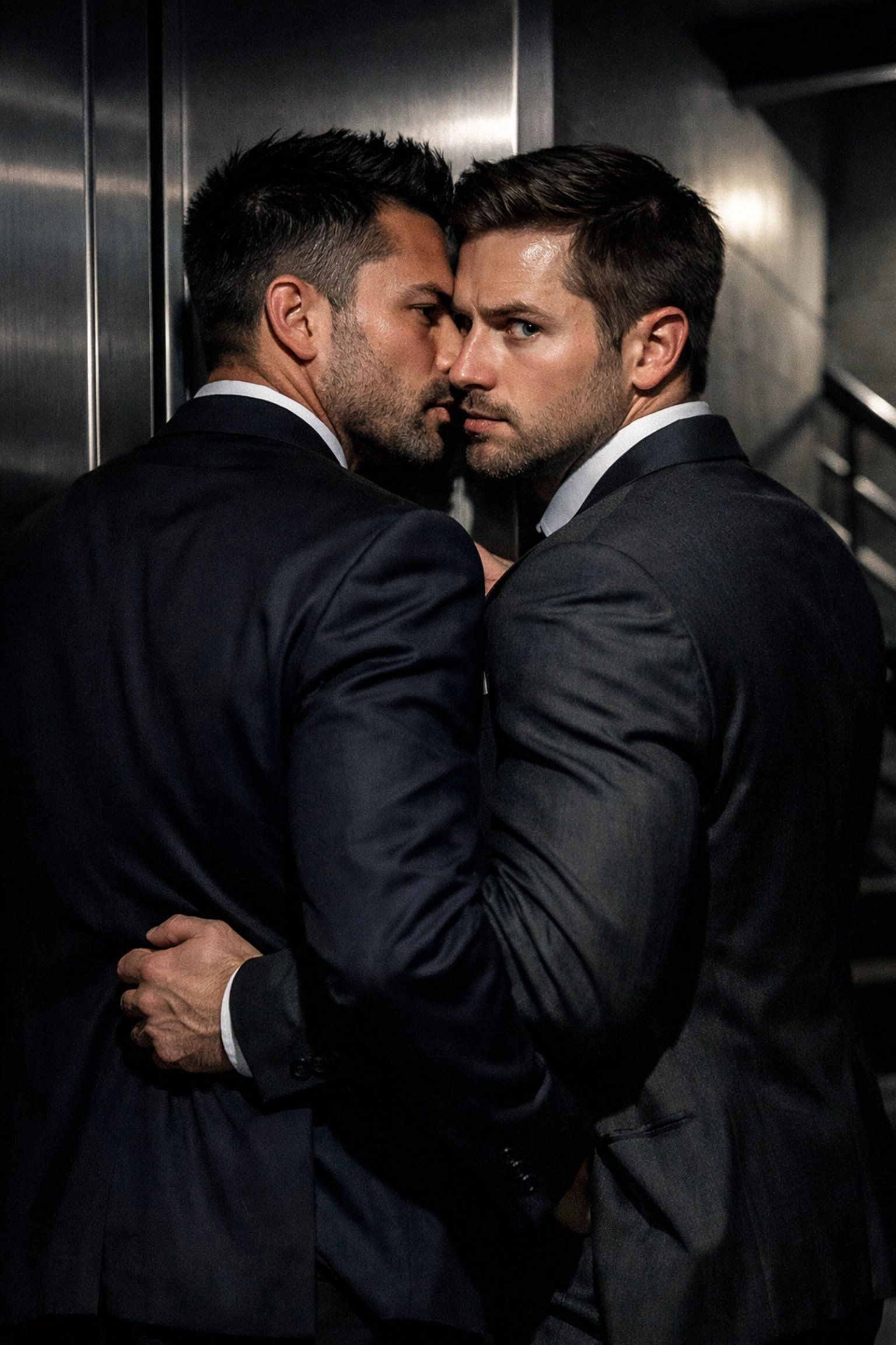 Gay couple stealing brief moment in workplace - secret MM romance and risk