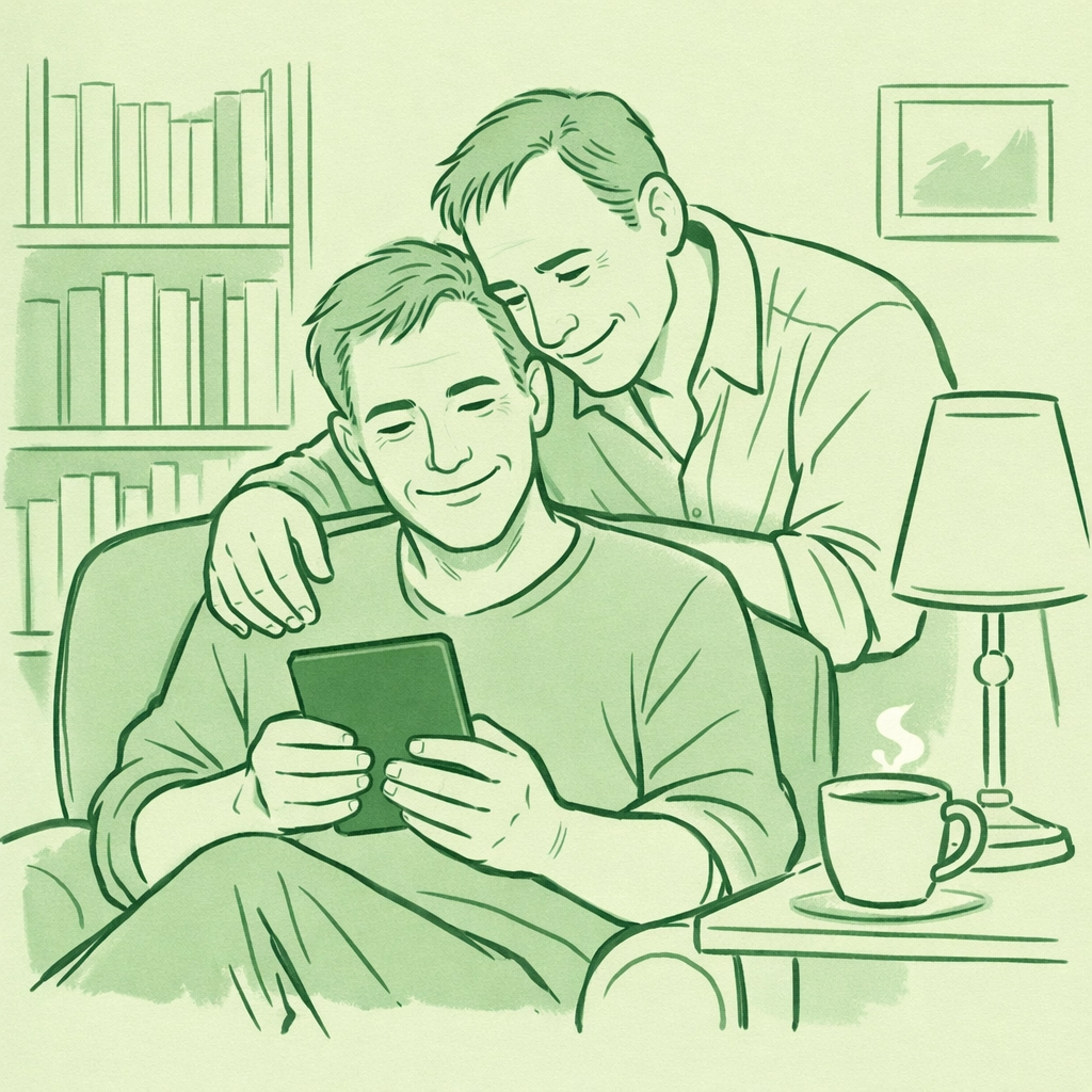A gay couple in their 40s enjoying MM romance eBooks together in a cozy reading nook.