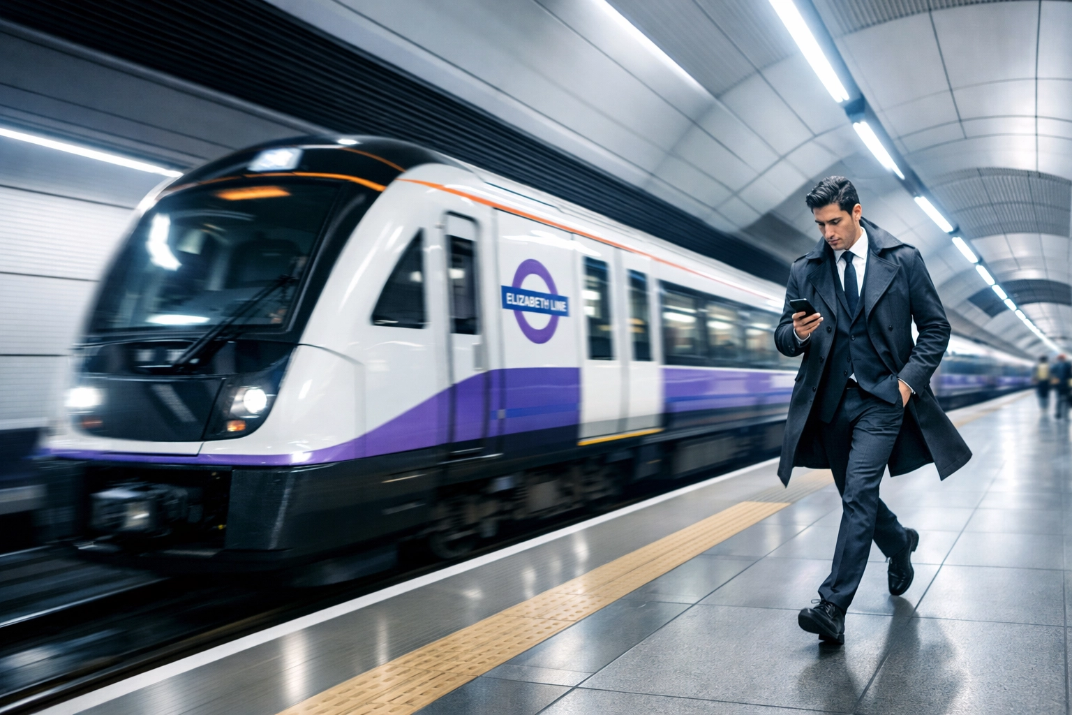 Commuter using the Elizabeth Line in London to manage time efficiently between business meetings.