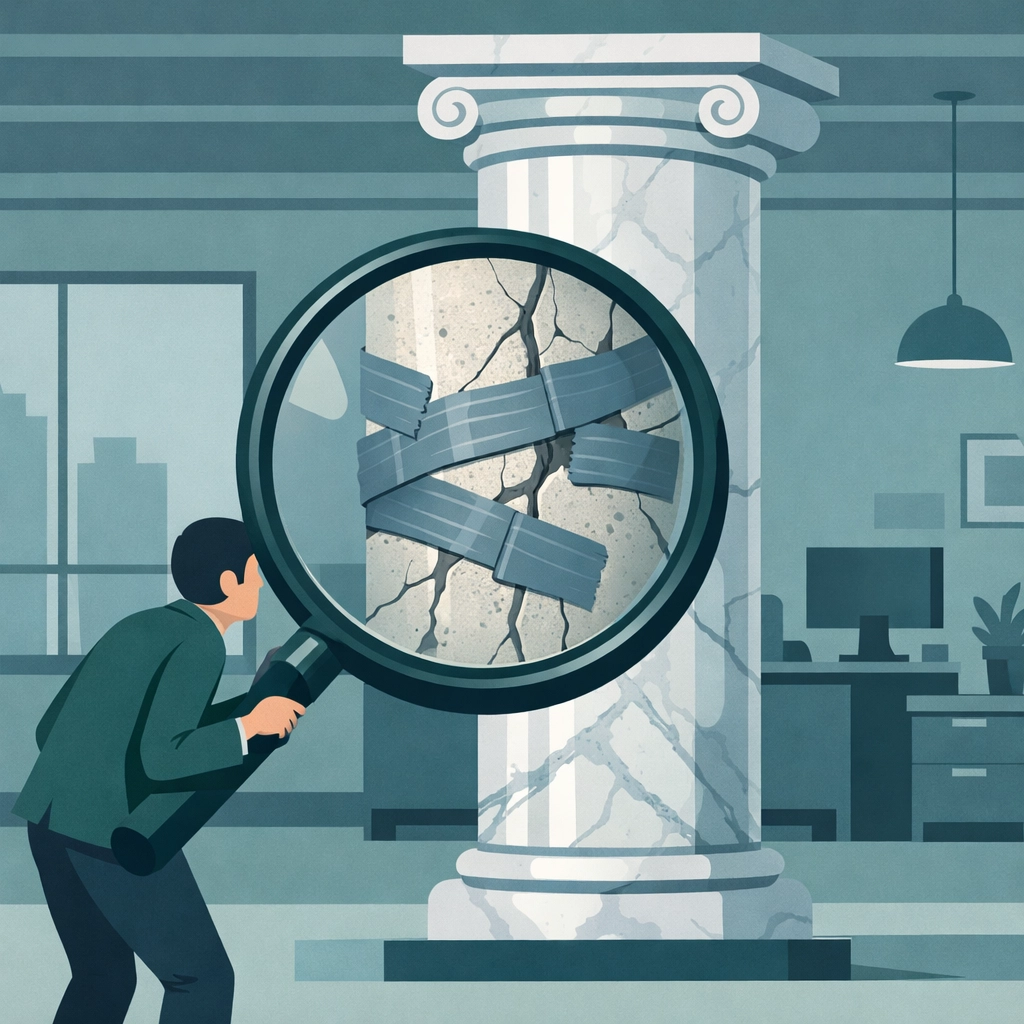 Magnifying glass exposing cracks in a corporate pillar to reveal workplace culture inconsistencies.