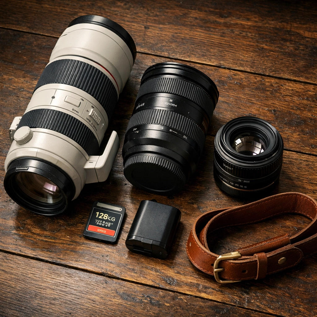 Three different mirrorless camera lenses and storage cards prepared for camera gear reviews.