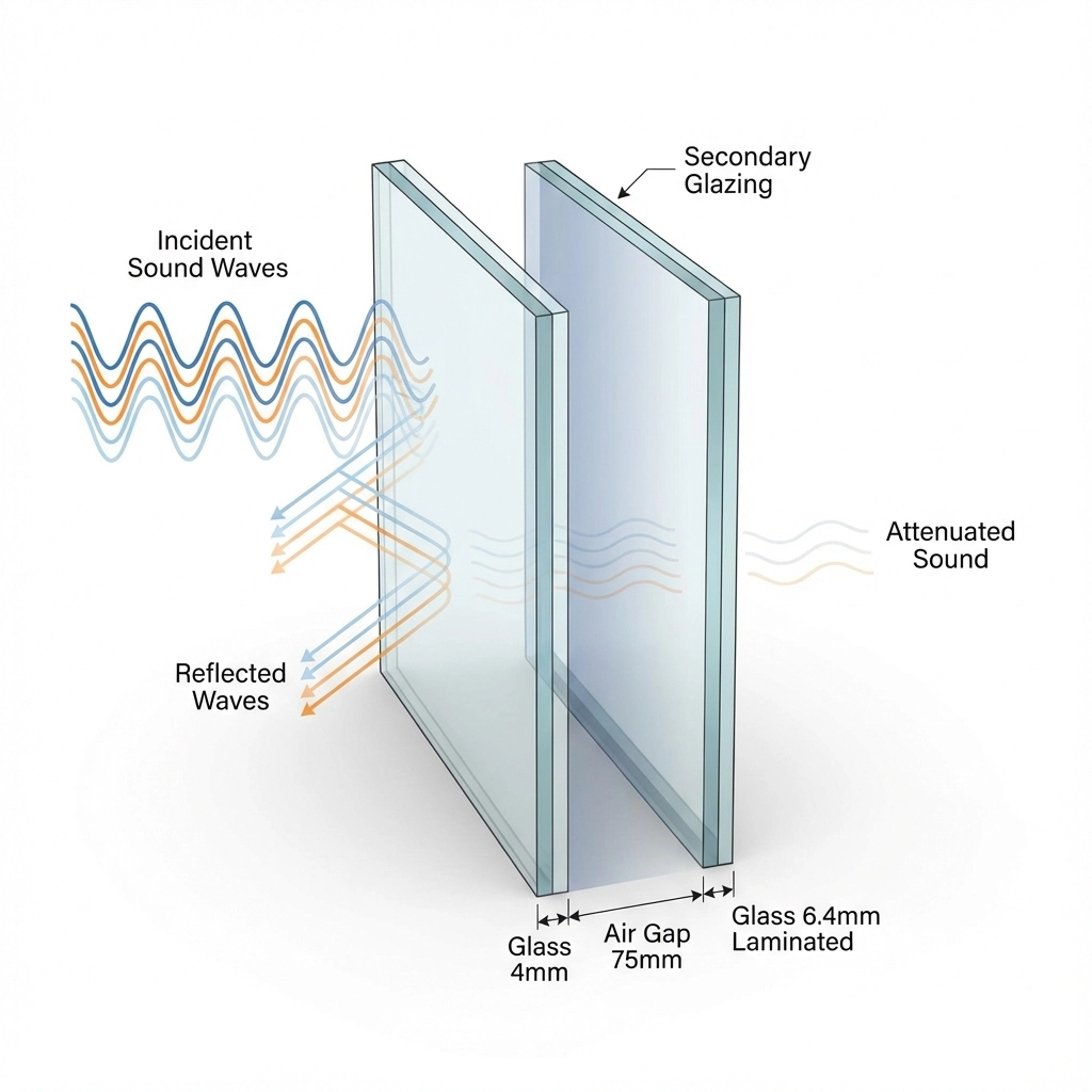 Acoustic secondary glazing installation for noise reduction