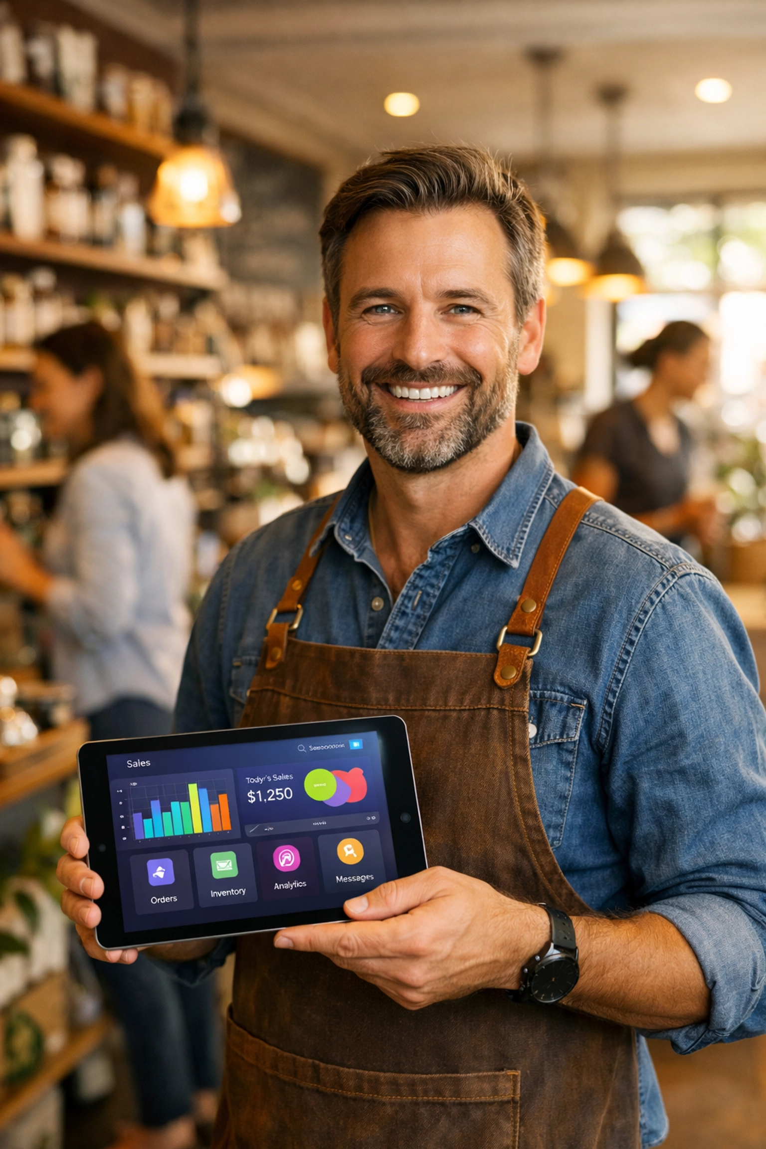 Local shop owner managing business inventory on a tablet to optimize Google Business Profile visibility.