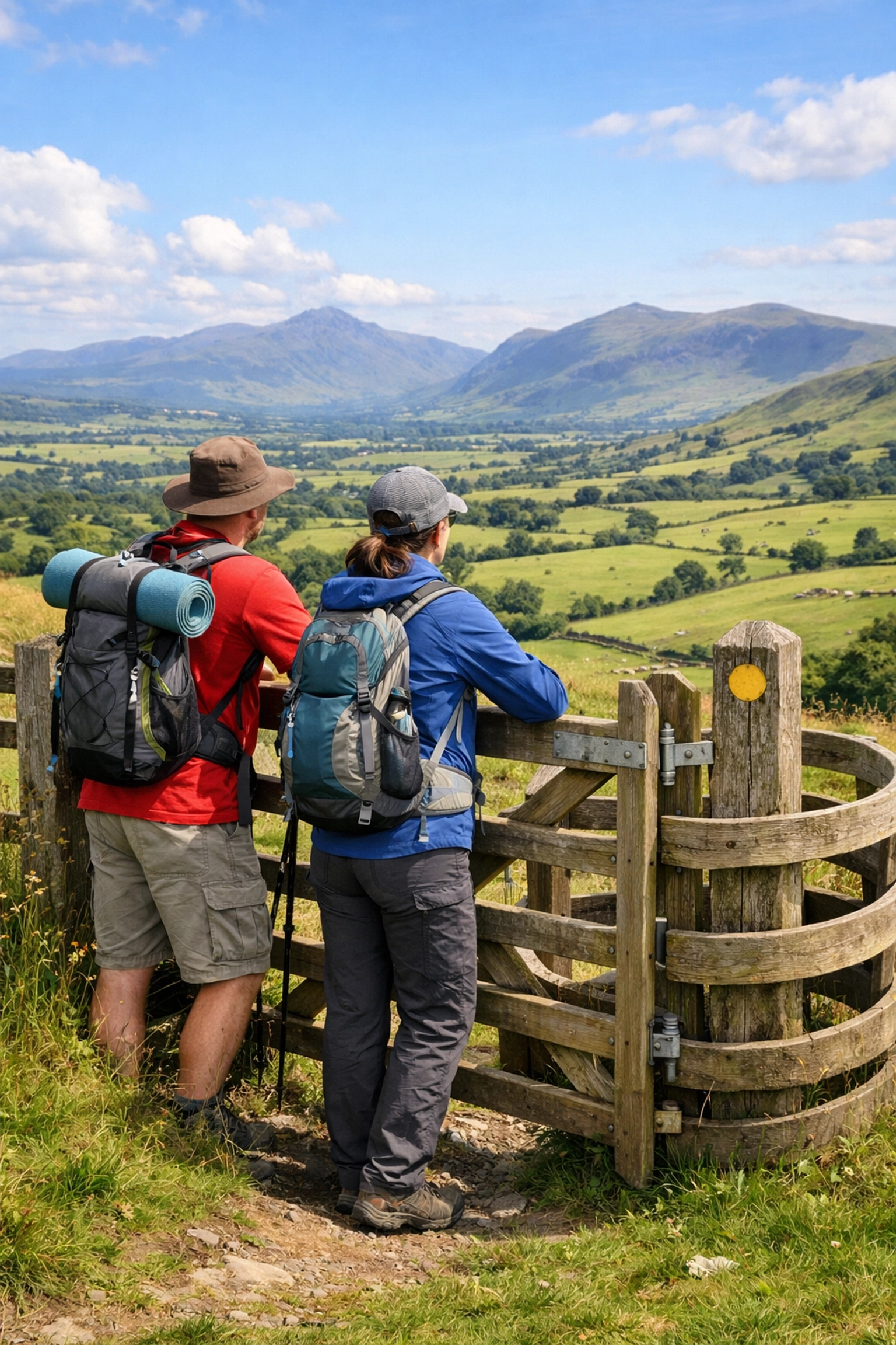 Hikers standing at a wooden gate overlooking green pastures during a guided walking trip.