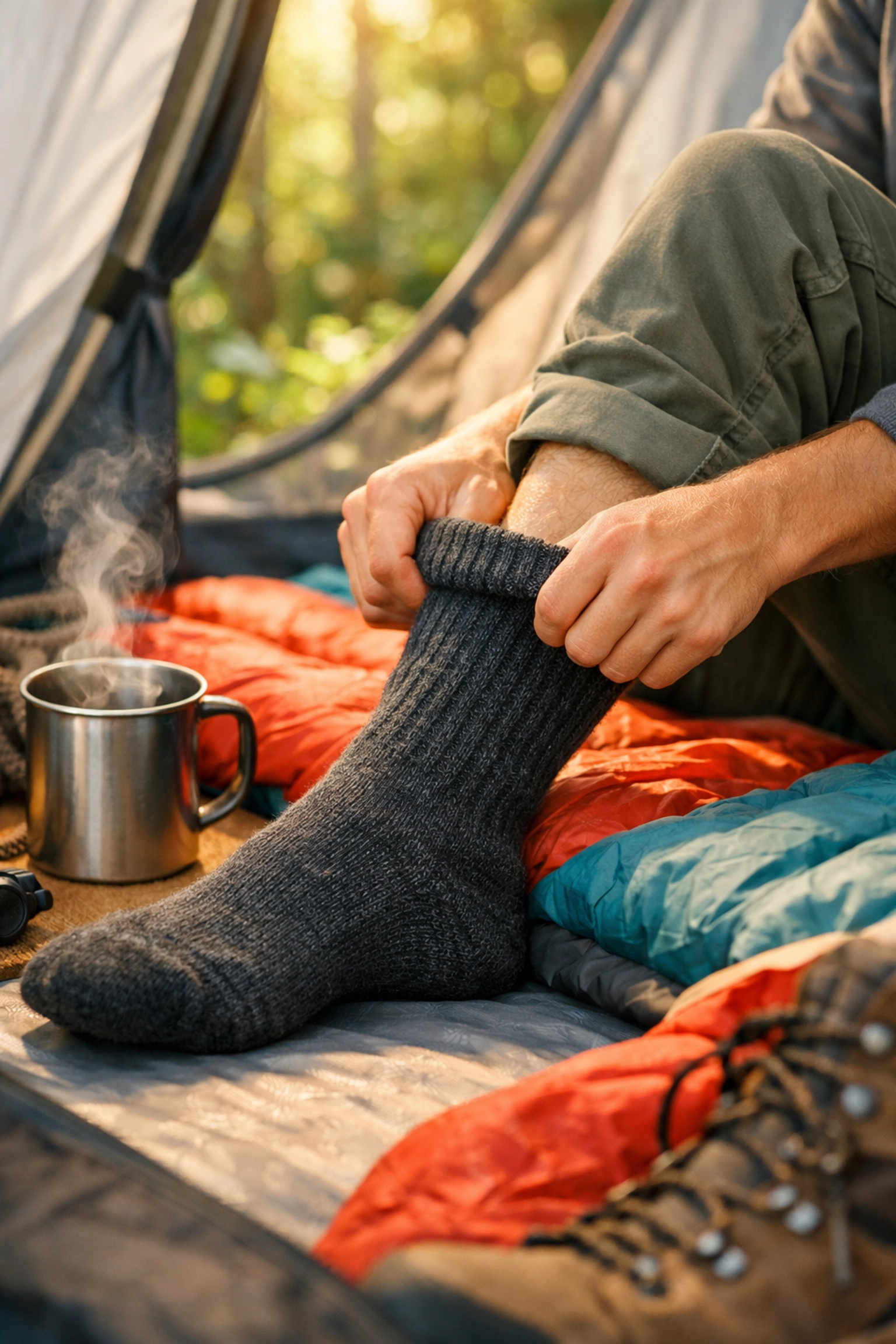 Camper putting on dry wool sleep socks inside a sleeping bag for a warm night outdoors.