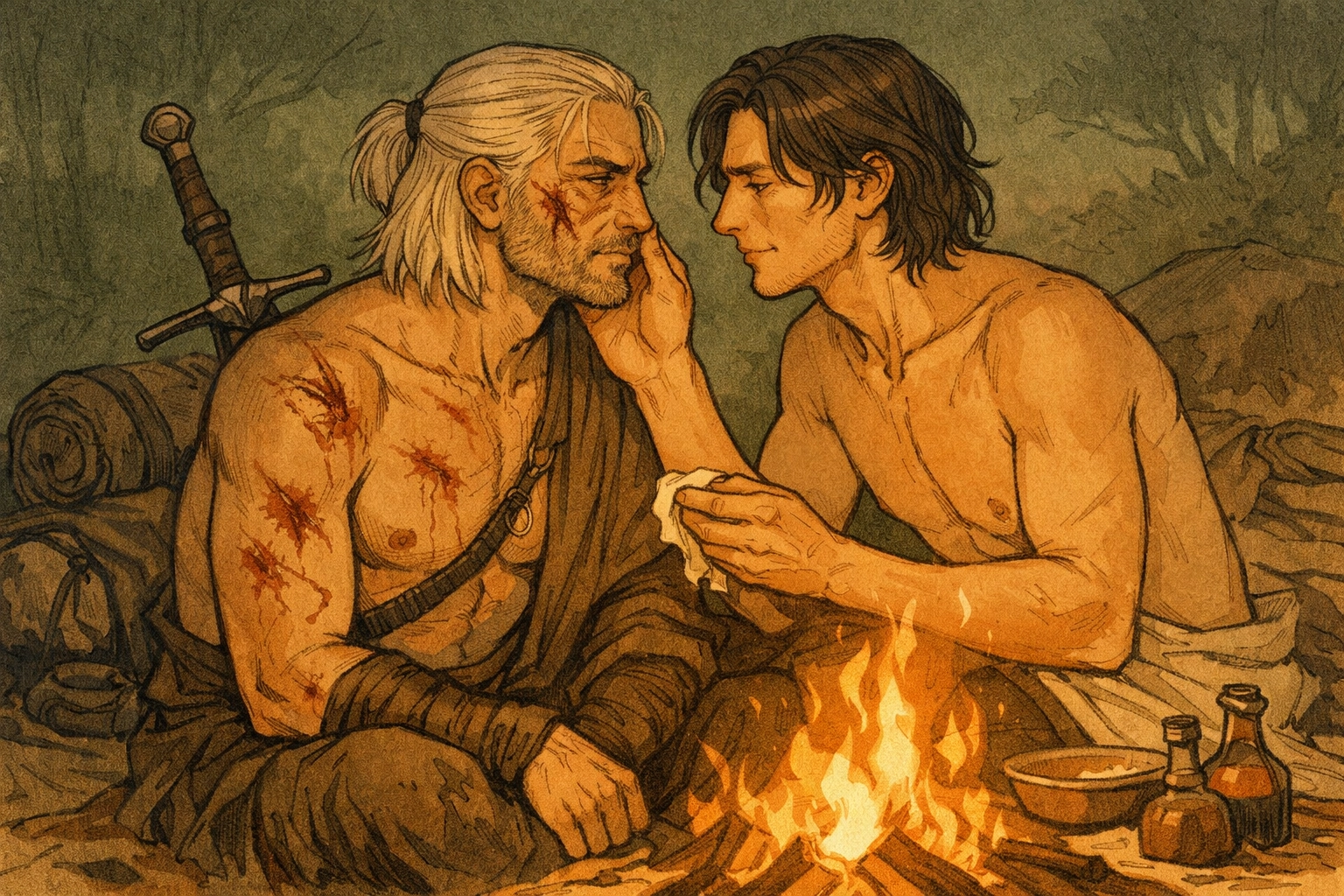 Post-battle intimacy between witcher and mage by campfire - gay fantasy romance emotional scene