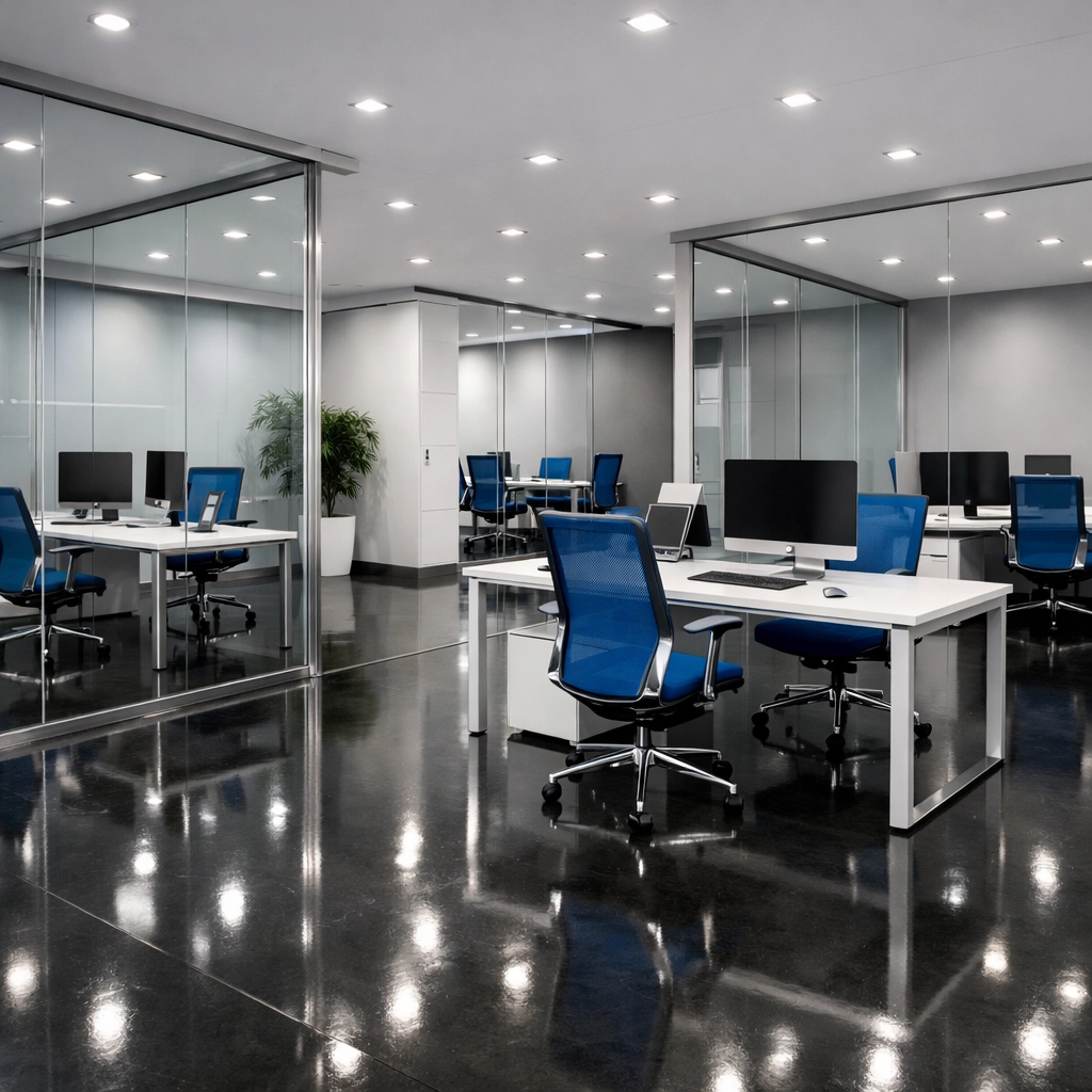 Clean professional office in Salisbury, MA, with buffed floors and sanitized workstations.