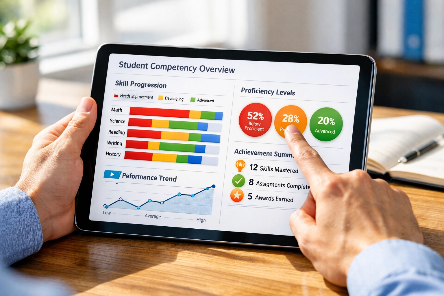 Educational analytics dashboard showing student competency metrics and skill progression data