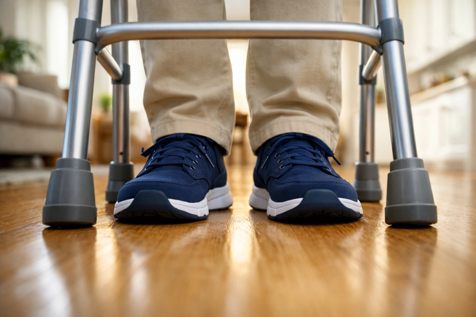Close-up of feet positioned safely between the back legs of a walker on hardwood flooring.