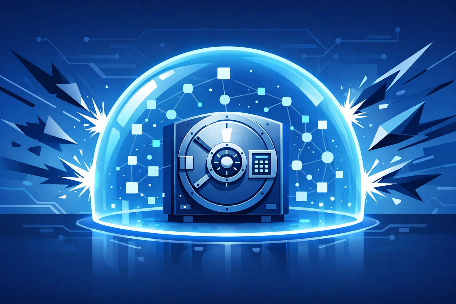 Vector illustration of a secure digital vault protected from ransomware and cyber threats with offsite backup shields.