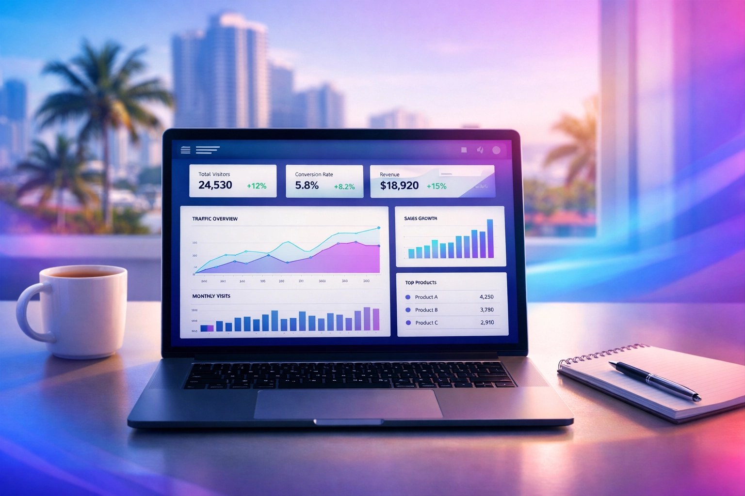 Website analytics dashboard showing performance metrics for South Florida business growth