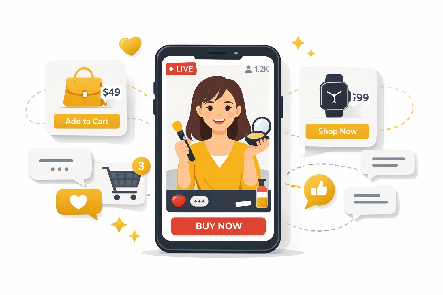 Live shopping platform mobile interface with product cards and interactive chat features