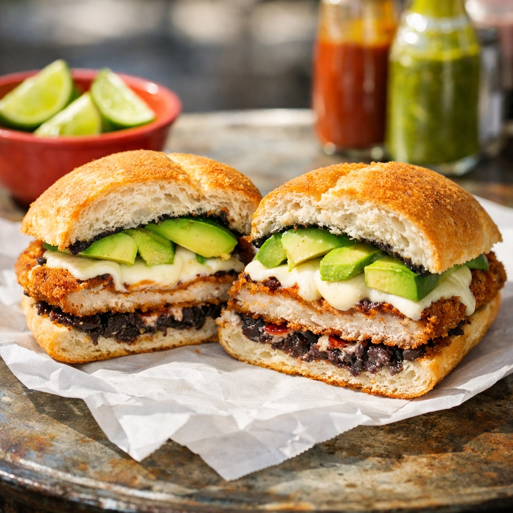 Hearty Torta de Milanesa sandwich on a bolillo roll, perfect budget travel food for a day in Mexico City.