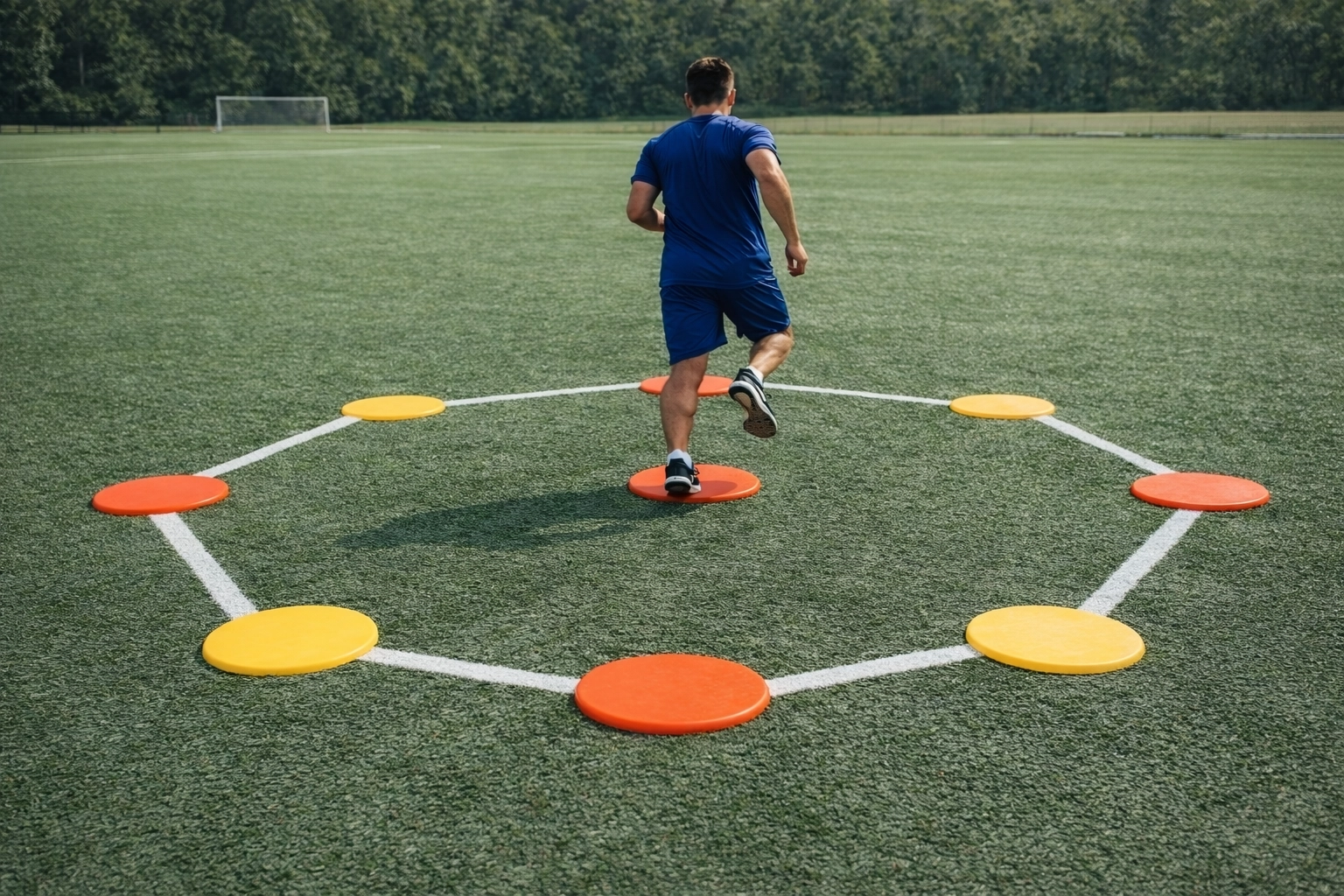 Hexagon agility training setup with disc markers arranged on turf for multi-directional drills
